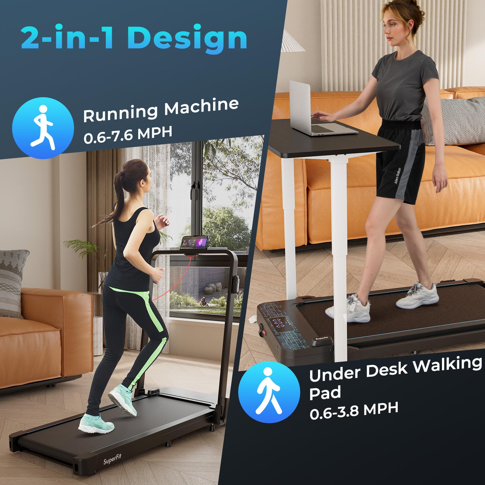 Goplus 2 in 1 Folding Treadmill, 300 LBS Capacity Walking Pad with Handle Bar, Under Desk Treadmill with Remote & APP Control and LED Display, Foldable Portable Treadmills for Home Small, Office