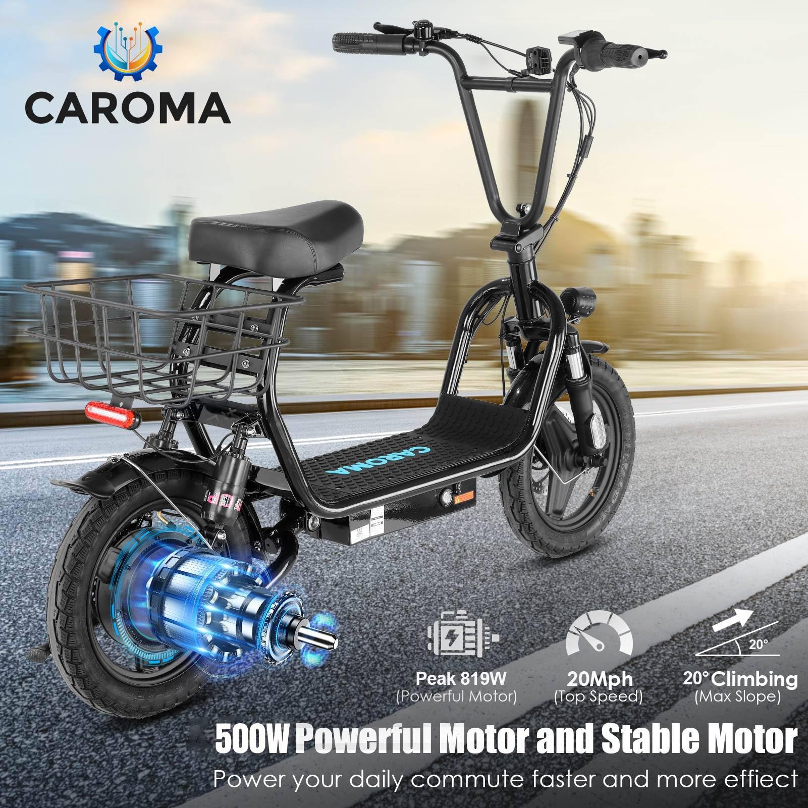 Caroma 819W Peak Electric Scooters for Adults, 14" Fat Tire, 375Wh Battery, 25 Miles Range, 20MPH Top Speed, Foldable Electric Scooter with Seat, Dual Shock Absorbing Electric Bike for Commuting,Blac