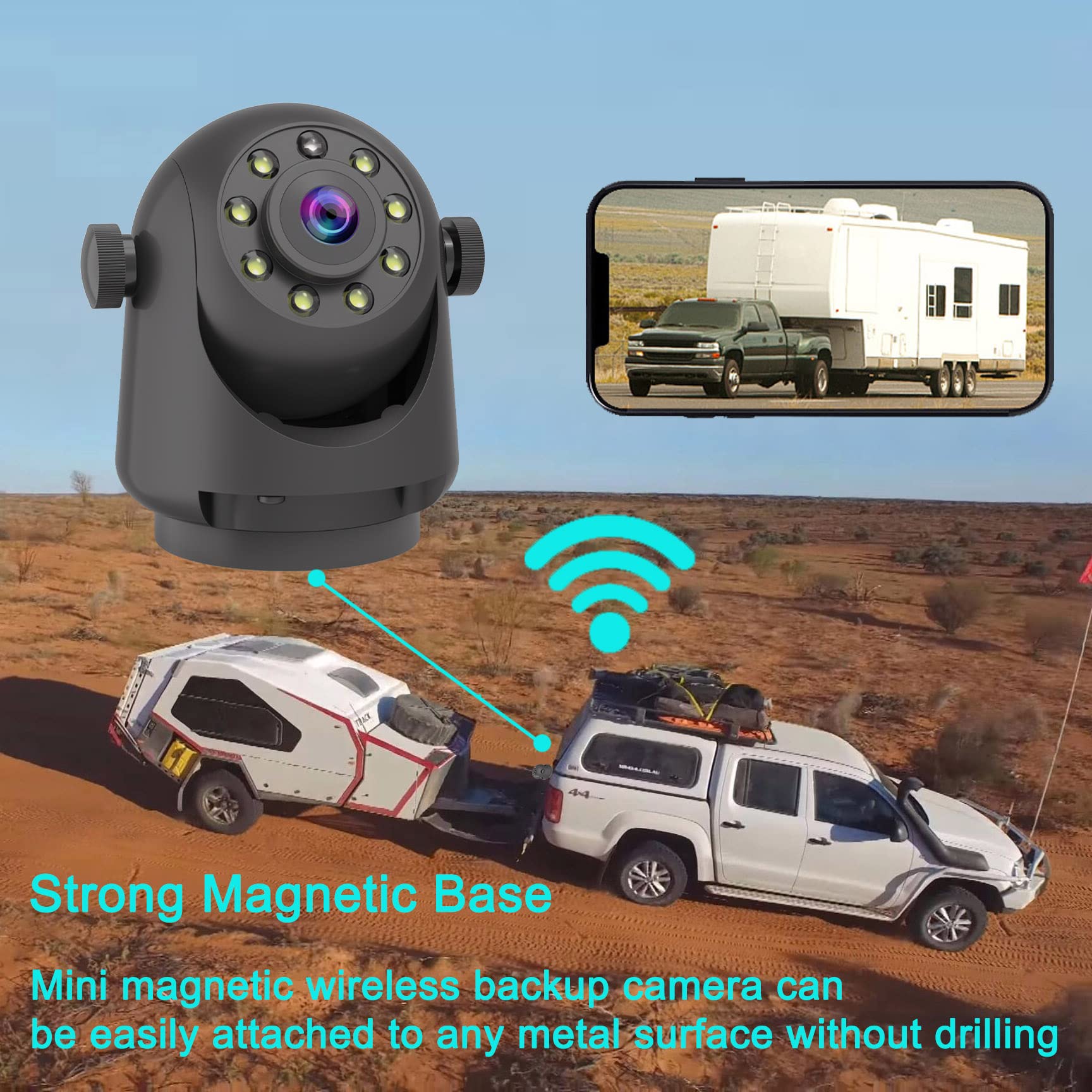 YEOIZO WiFi Magnetic Hitch Wireless Backup Camera, Back Up Front/Rear View Reverse Camera Night Vision Rechargeable Battery, Easy for Hitching Horse Gooseneck Boat Travel Trailer RV for iPhone Android