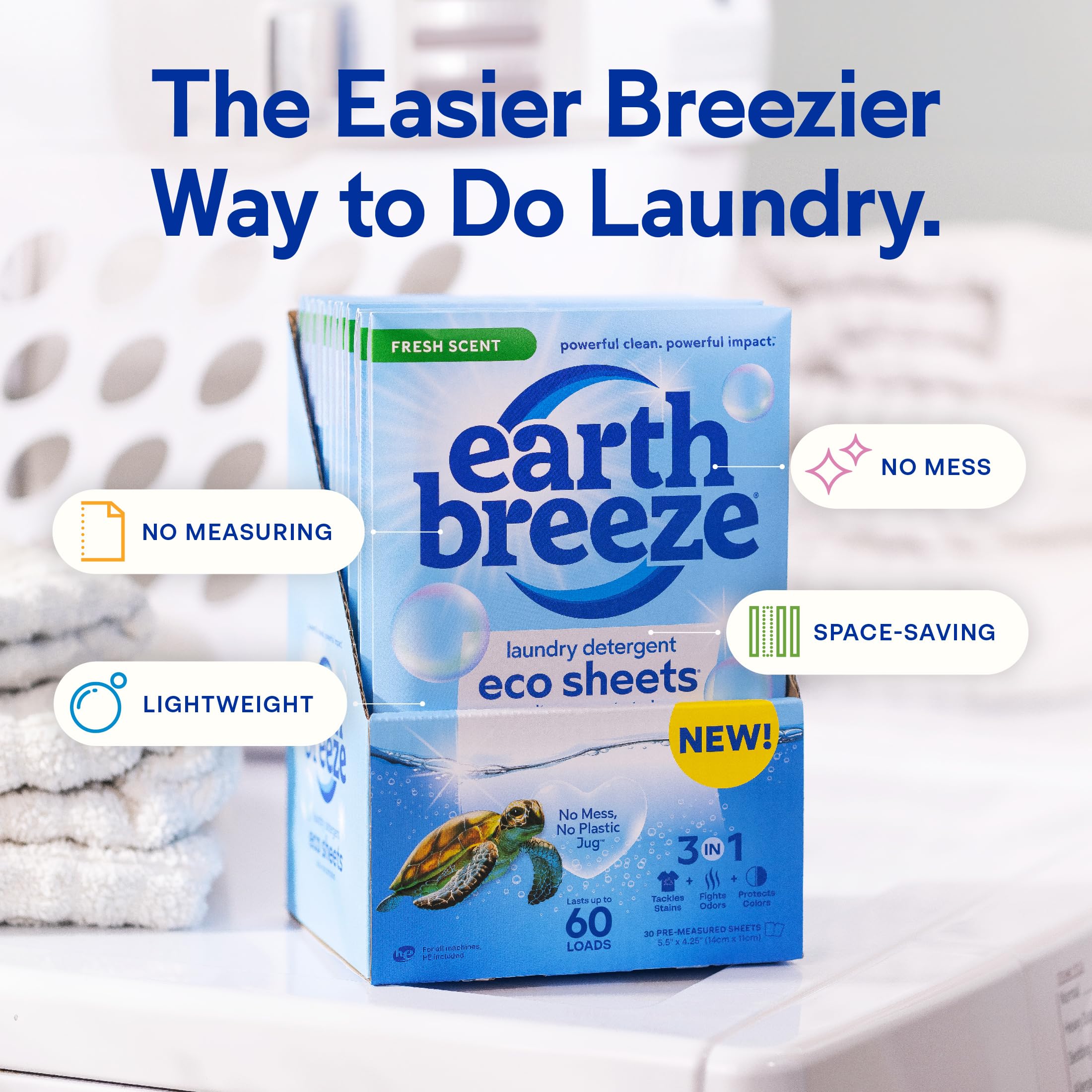 Earth Breeze Laundry Detergent Sheets - 90 Detergent Sheets - (3 Pack) 30 Sheets Per Pack - 180 Loads - Concentrated Liquidless Laundry Soap - No Plastic Jug - Fresh Scent