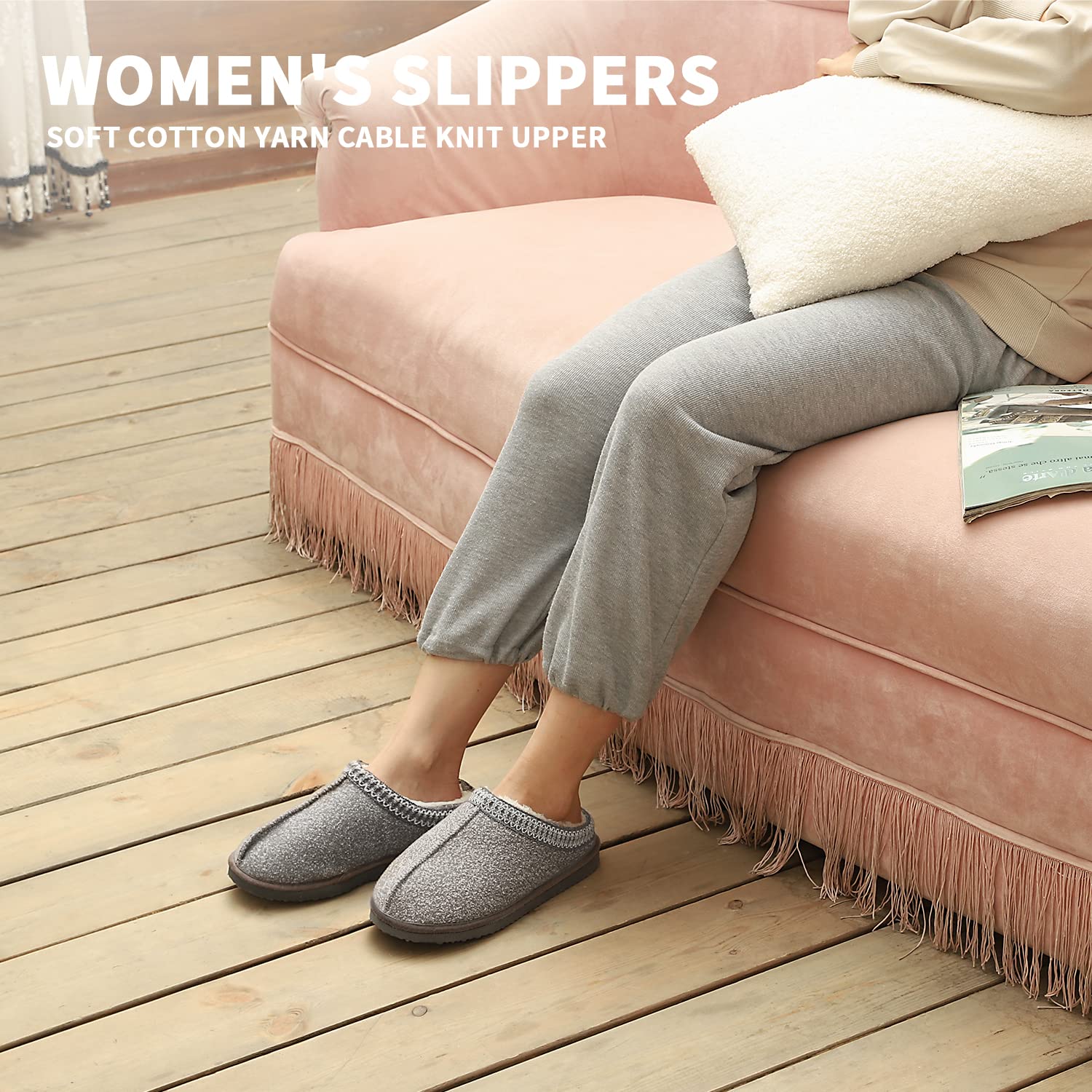 Womens Tasman Slippers House Slippers Bedroom Shoes Indoor Outdoor with Fuzzy Cozy Fluffy Lining Hard Sole Memory Foam Slip on (Light Grey, 7/8)