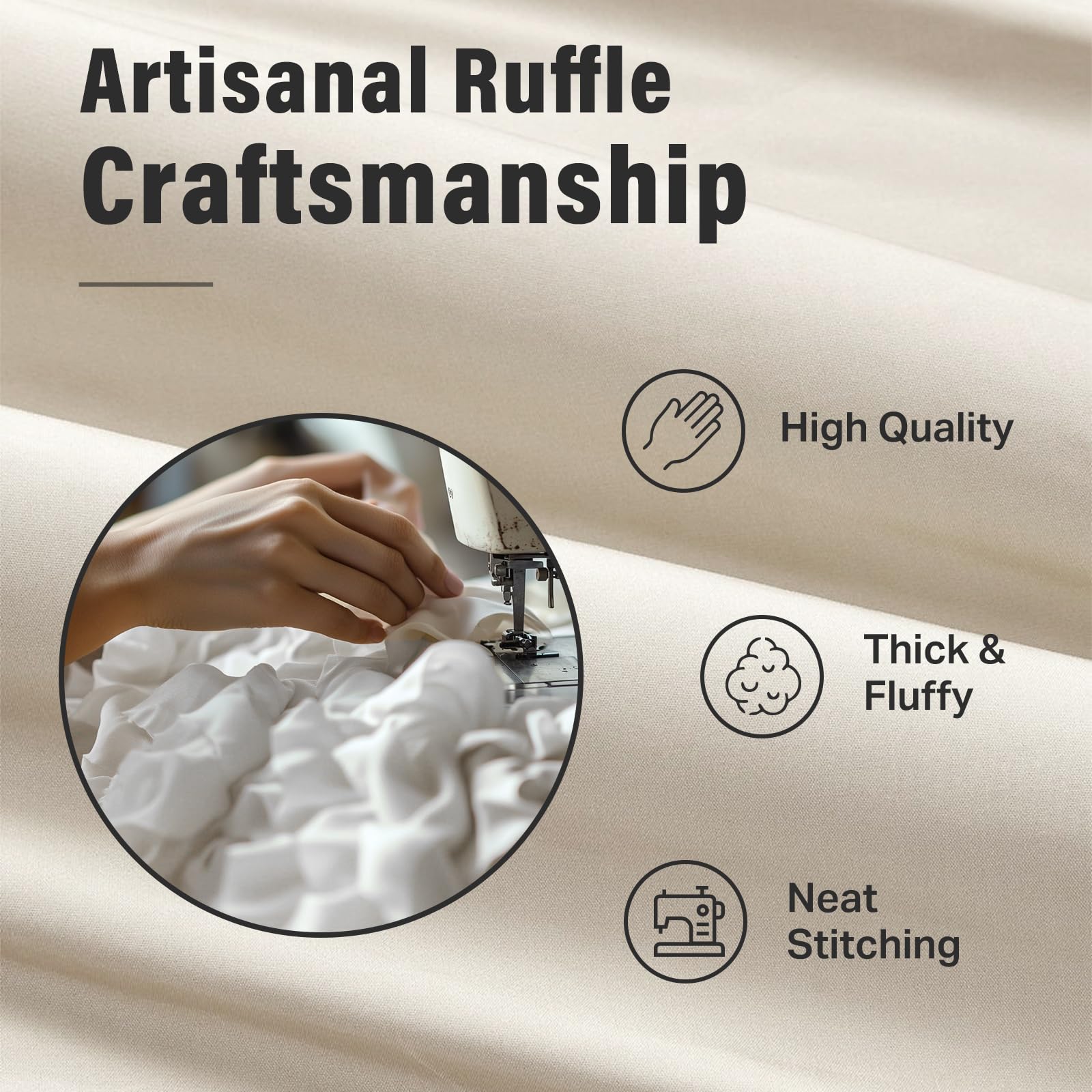 Seasonwood Beige Ruffle Shower Curtain Neutral Shower Curtain Button Design Farmhouse Country Style Rustic Decorative Fabric Shower Curtains