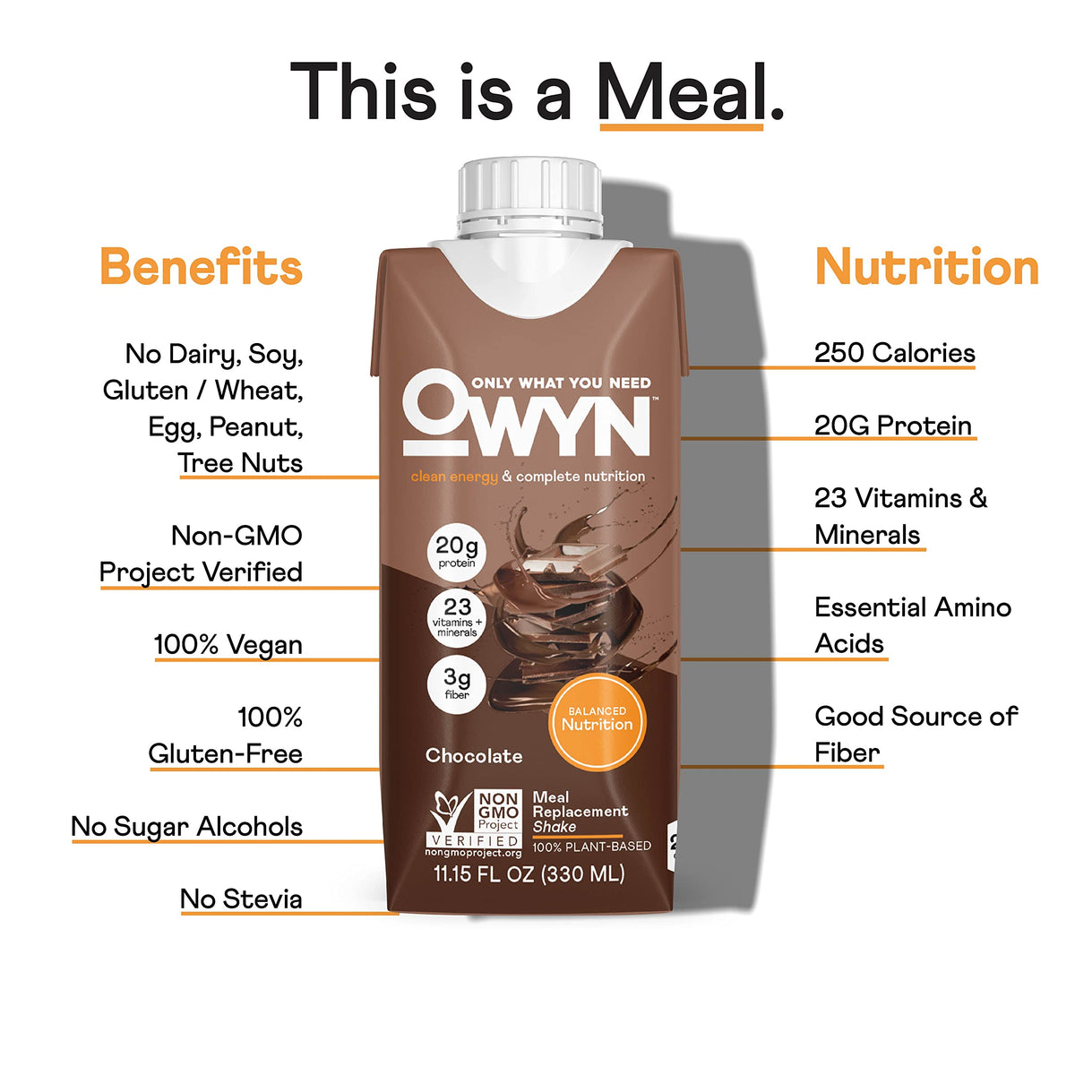 OWYN Only What You Need Vegan Complete Nutrition Protein Shake, 20g plant based protein, 23 Vitamins Minerals, Nutritional Shake, Gluten, Soy, and Tree Nut-Free (Chocolate, 12 pack)