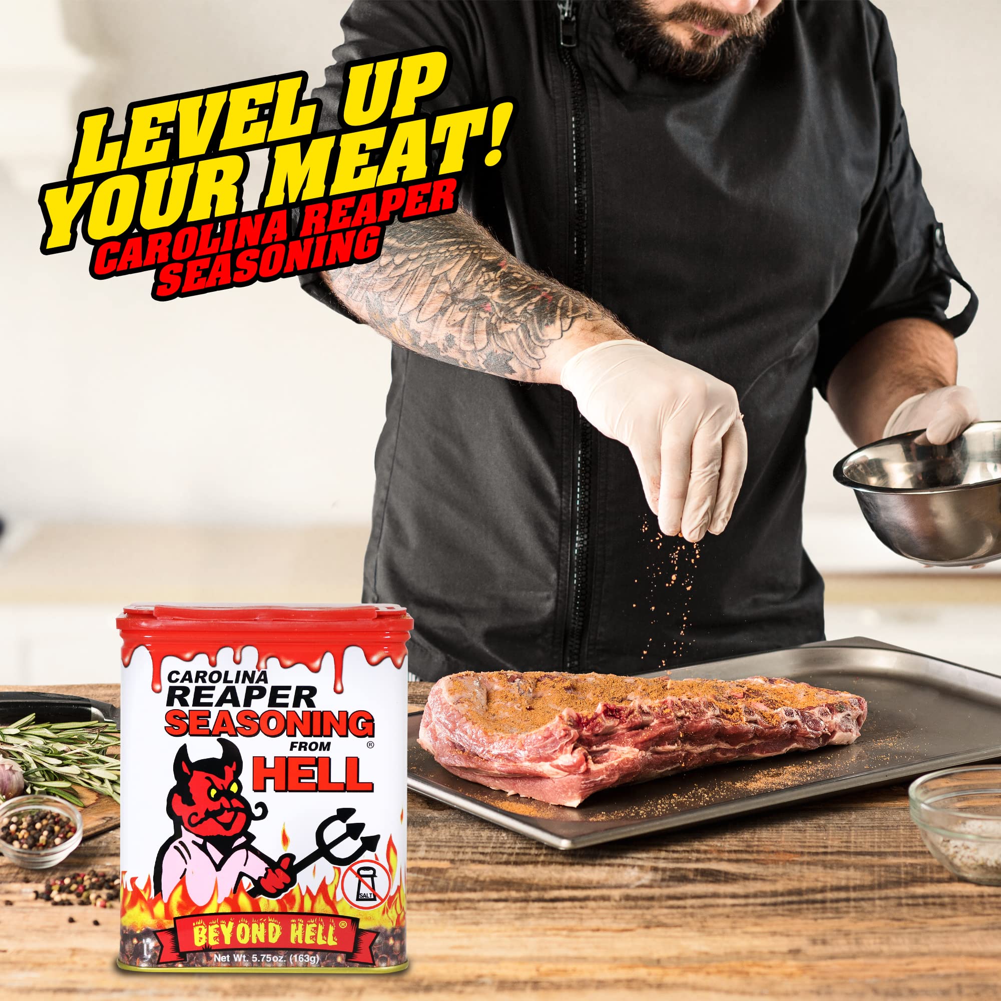 Carolina Reaper Seasoning From Hell - 5.25 oz. - SALT FREE Premium Gourmet Spicy Hot Carolina Reaper Seasoning for Buffalo Wings, Steaks, Chicken – Warning - Try if you Dare!