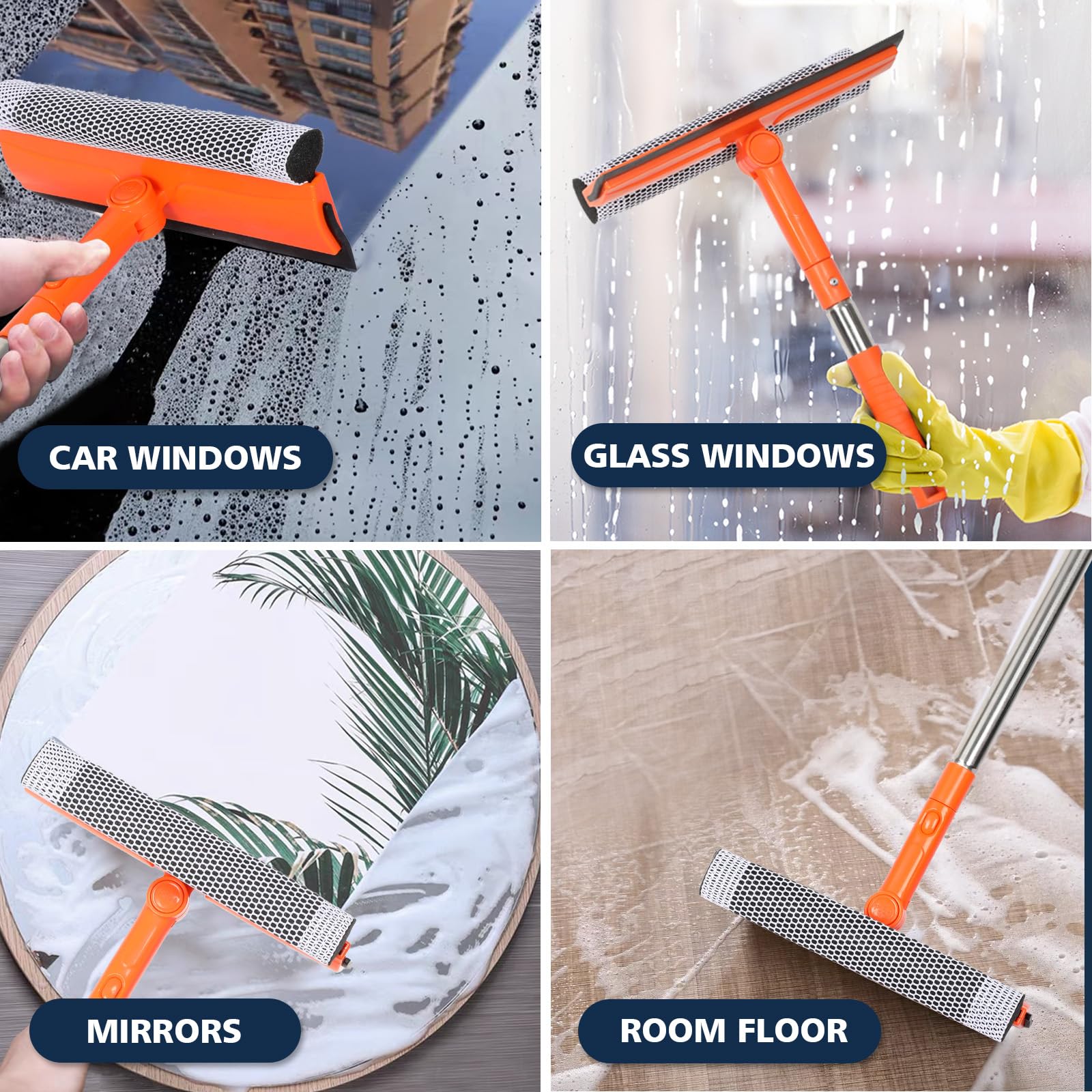 Professional Window Squeegee,2 in 1 Squeegee Window Cleaner with Long Stainless Steel Handle,Sponge Car Window Squeegee for Gas Station, Glass,Shower,Outdoor High Window Cleaning (long pole)