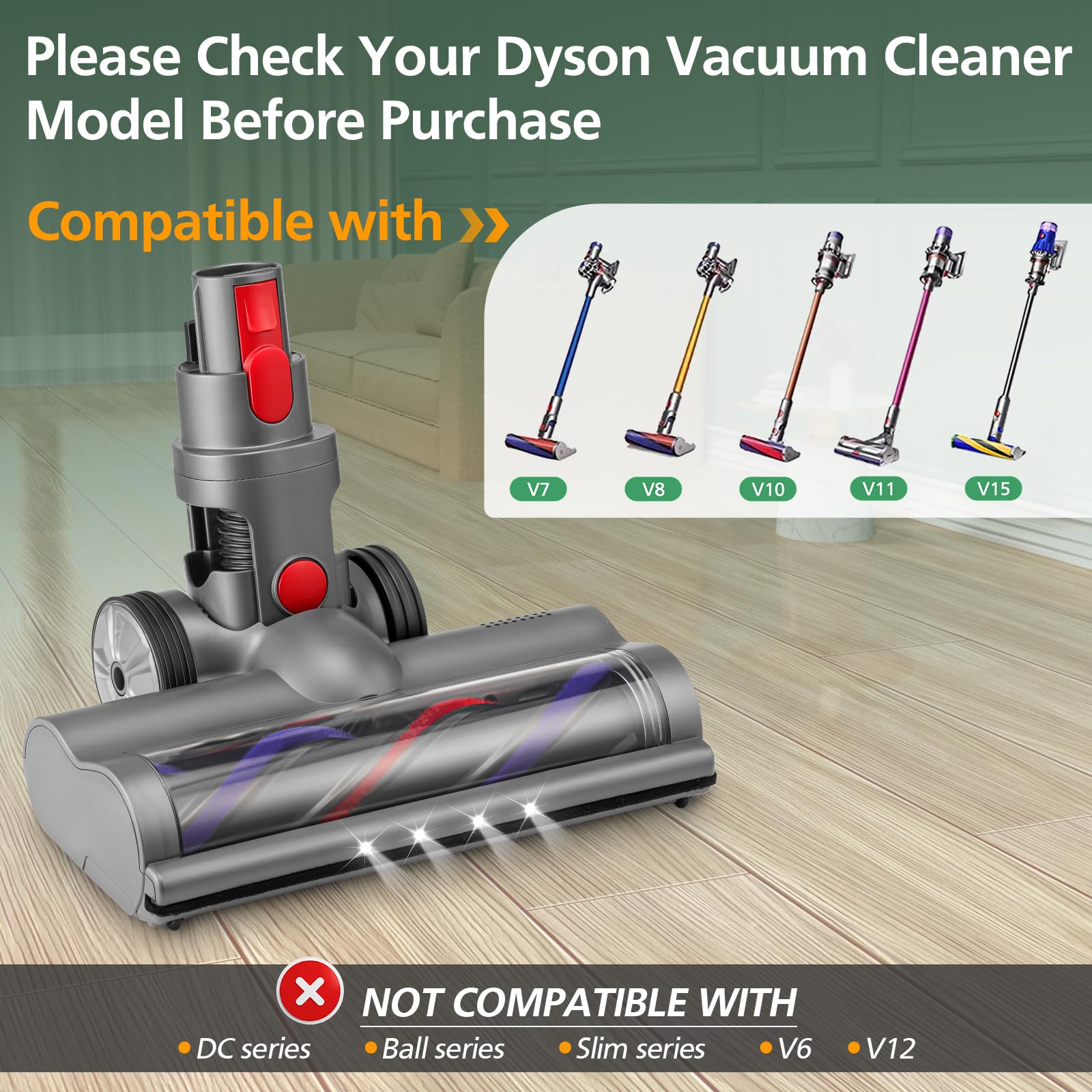 Motorhead Vacuum Attachments for Dyson V15 V11 V10 V8 V7, Hardwood Floor Attachment for Dyson Cordless Stick Vacuum Cleaners with LED Headlights, Soft Roller Brush Head Replacement