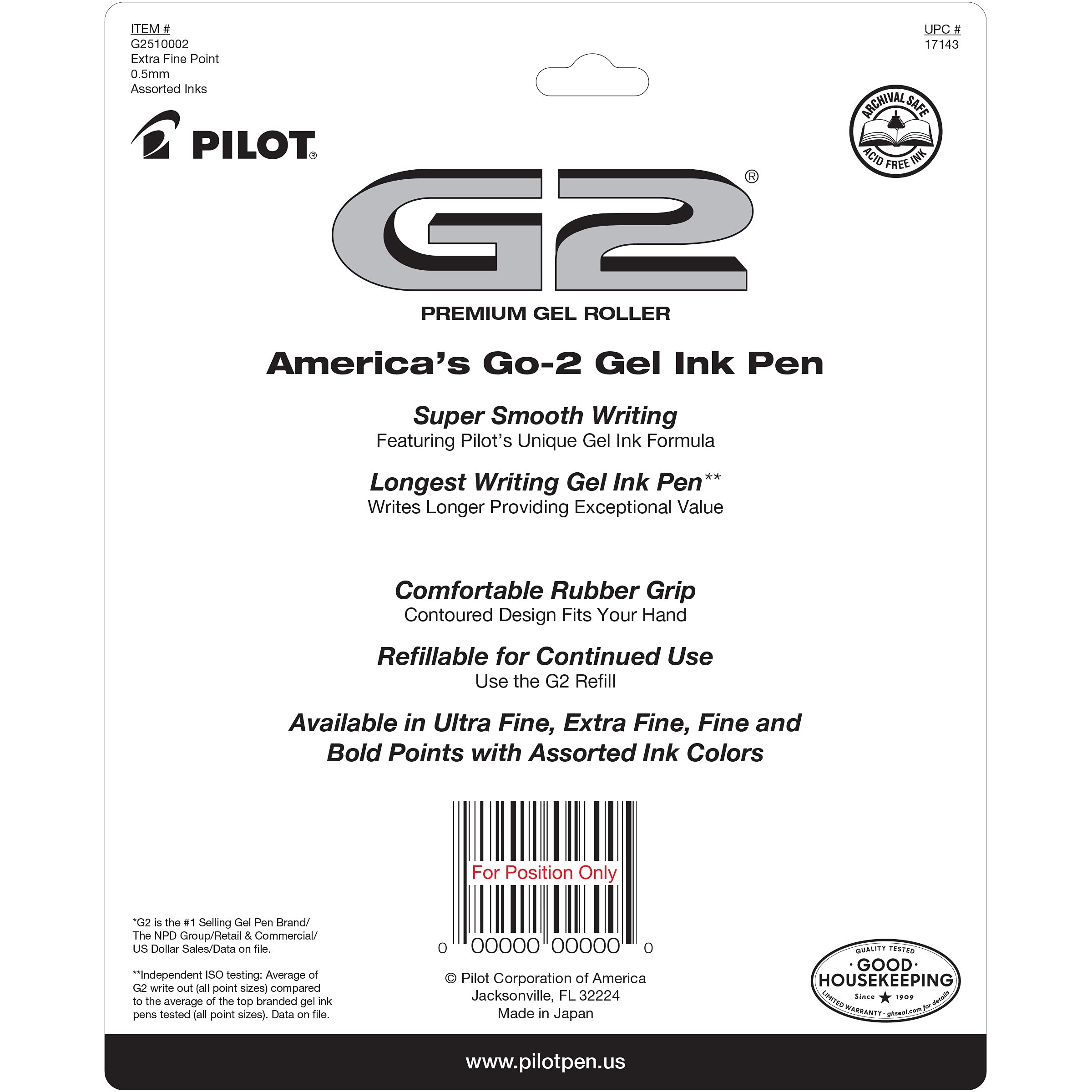 PILOT G2 Pens 0.5 mm - 10 Pack of 5 Blue and 5 Black Pens Ballpoint Extra Fine Point, Refillable & Retractable