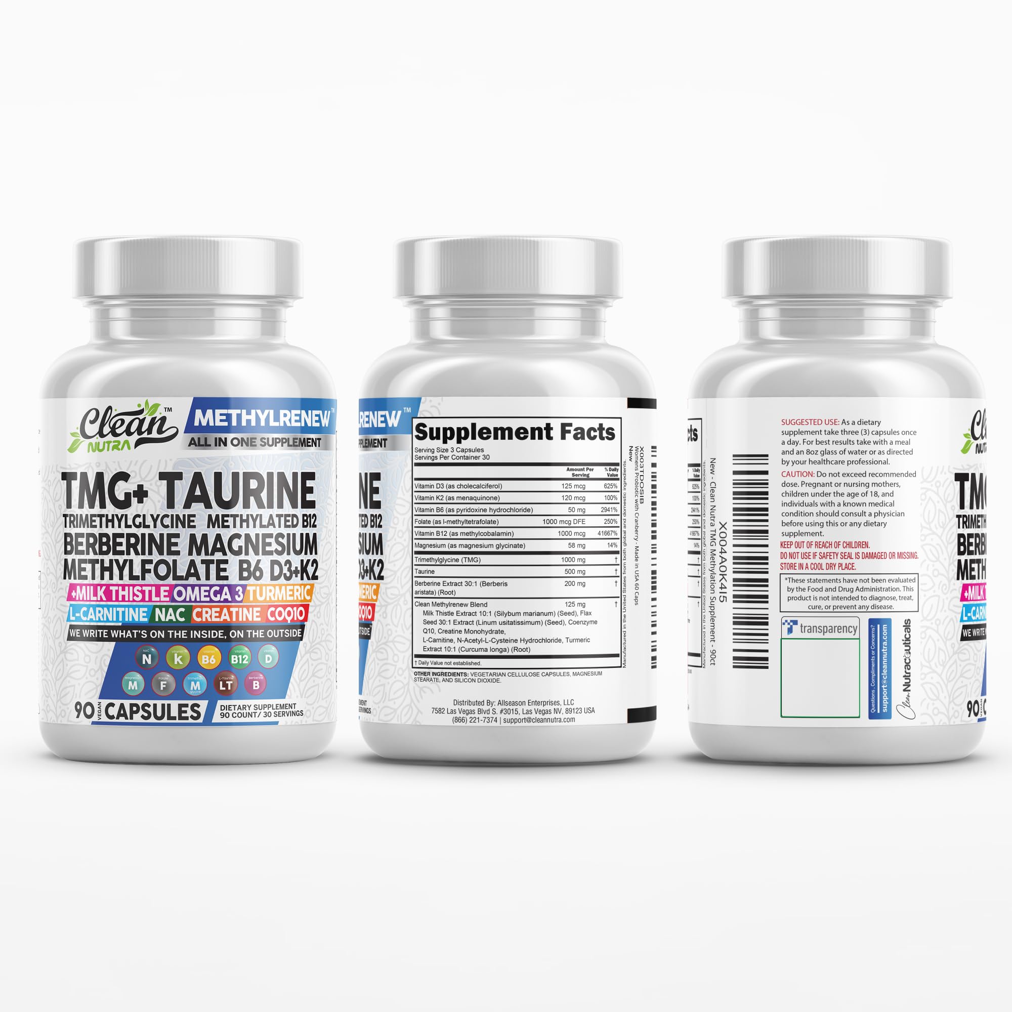 Clean Nutra TMG Supplements 1000mg | Methylated Multivitamin for Women Men | Taurine B6 Vitamins B12 D3 K2 Trimethylglycine Magnesium Methylfolate Milk Thistle NAC COQ10 B Supplement Complex Capsules
