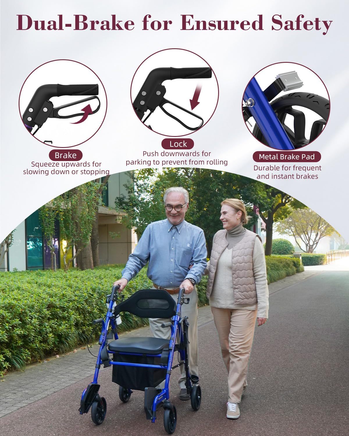 Fvzzin Walkers for Seniors with Seat, Extra Wide 2 in 1 Rollator Walker & Transport Chair with Reversible Backrest & Detachable Footrests, Foldable Wheelchair Combo with 8" Anti-Slip PU Wheels, Blue