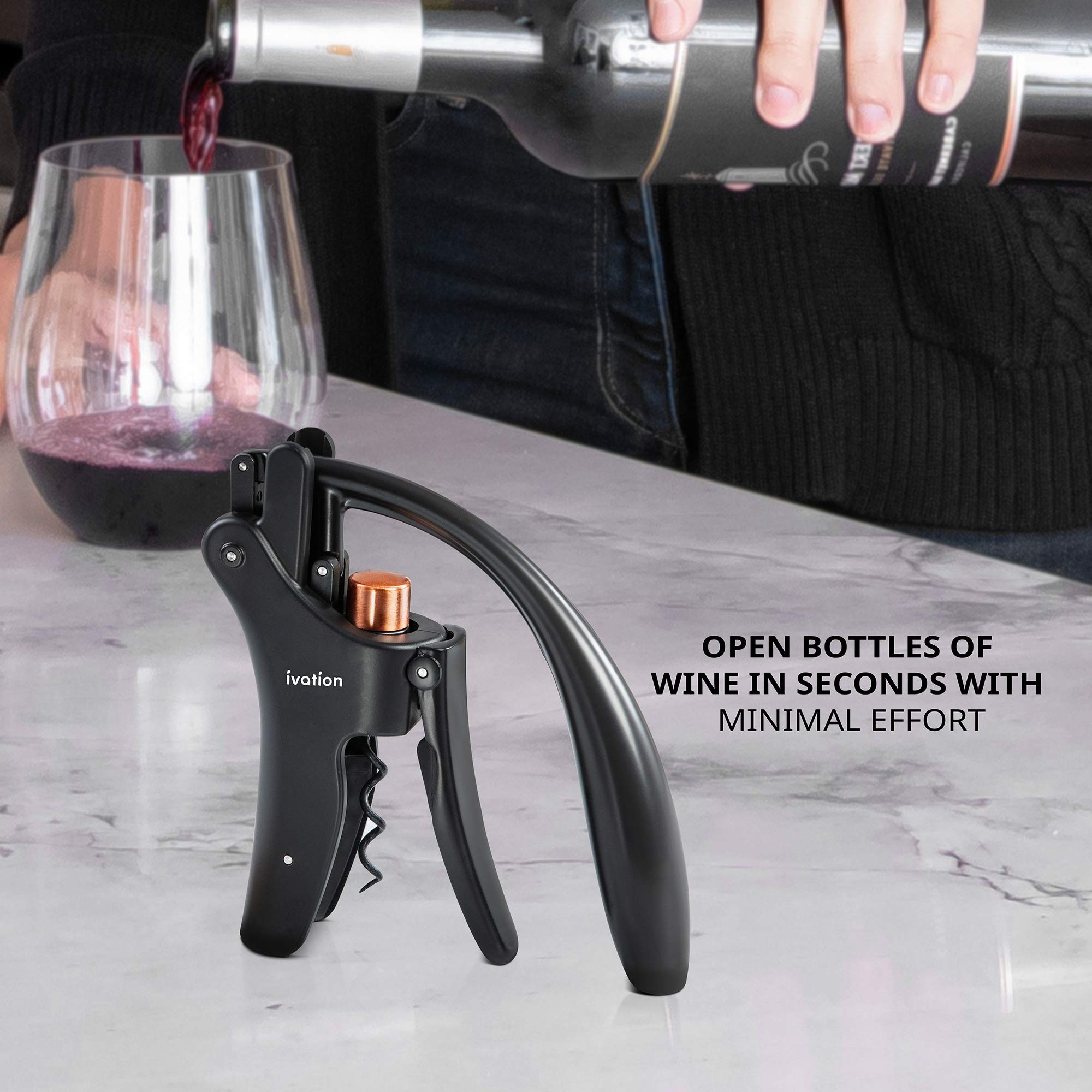 Ivation Wine Bottle Opener | Manual Handheld Corkscrew with Ergonomic Lever Pump, Standing Vertical Design, Soft Bottleneck Grip, Nonstick Screw & Easy No-Twist Cork Removal | Black & Bronze Stainless