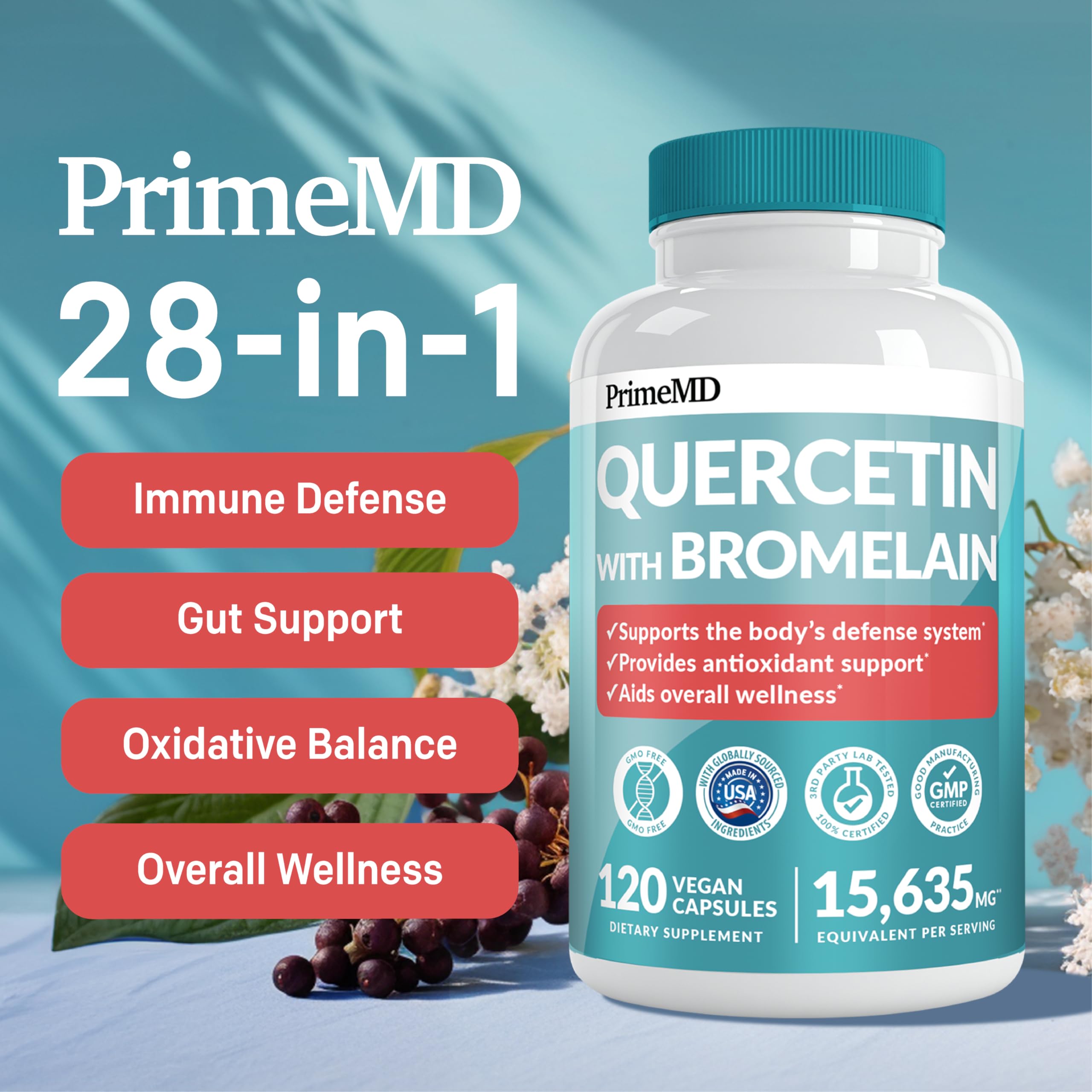 PrimeMD 4-in-1 Calcium Supplements for Women & Men or Heart, Bone & Body Defenses (120 ct) & 28-in-1 Quercetin with Bromelain Supplement - Quercetin 500mg Capsules for Immune Defense Support (120 ct)