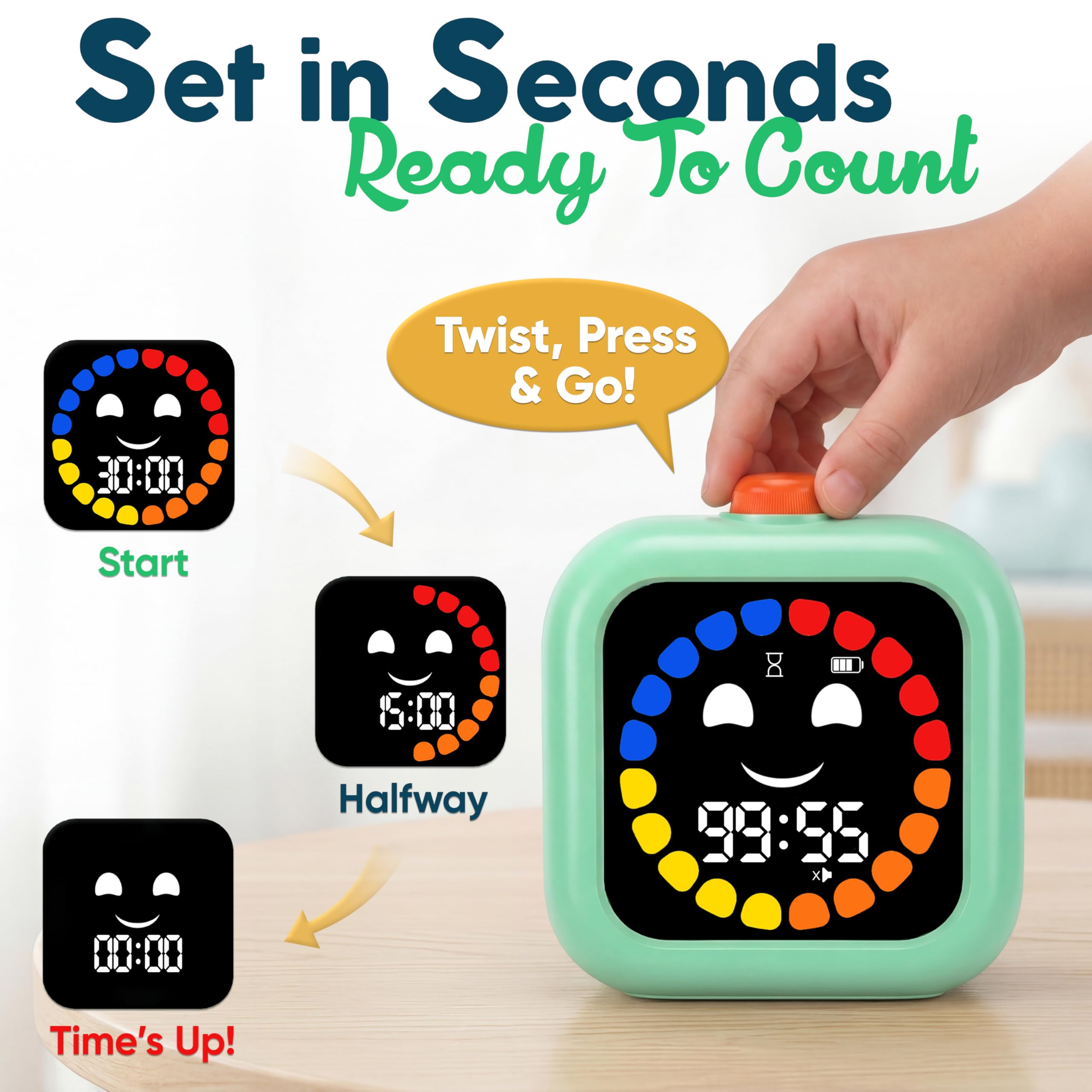 Digital Visual Timer for Kids - Rechargeable, Silent Count Up/Down for Calmer Routines - 99 Min Countdown Kids Timer for Classroom, Home & Therapy - Builds Focus & Independence