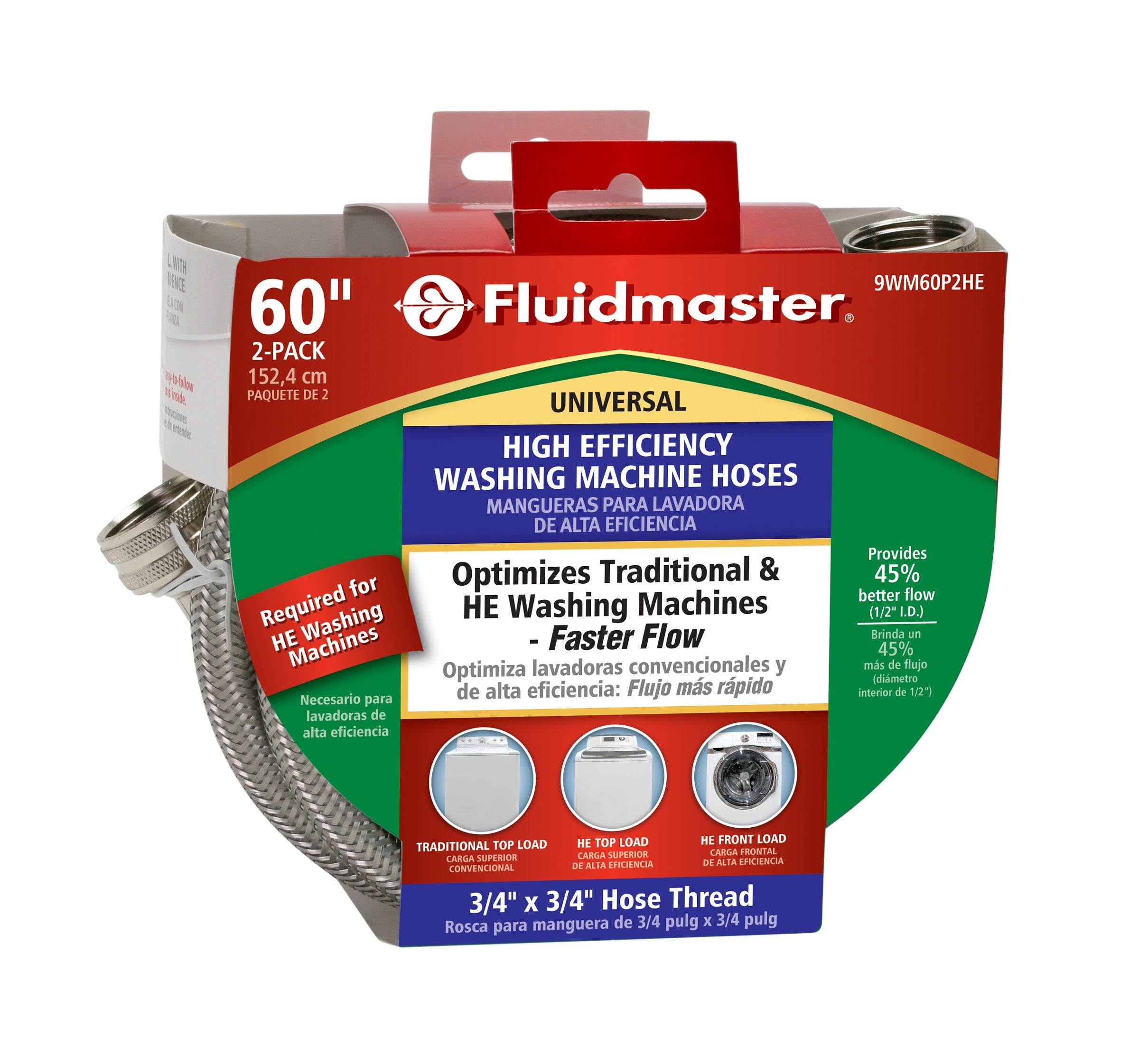 Fluidmaster 9WM60P2HE High Efficiency Washing Machine Connector 2-Pack - 3/4 Hose Fitting x 3/4 Hose Fitting, 60-Inch Length