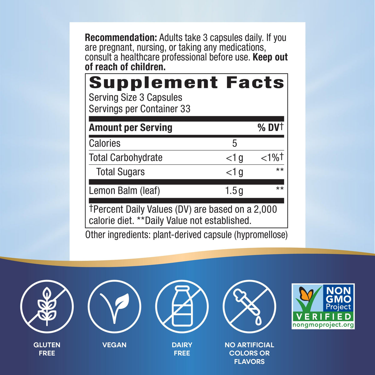 Nature's Way Melissa Lemon Balm Leaf, Traditional Sleep Support*, 1,500 mg per 3-Capsule Serving, Non-GMO Project Verified, 100 Vegan Capsules (Packaging May Vary)