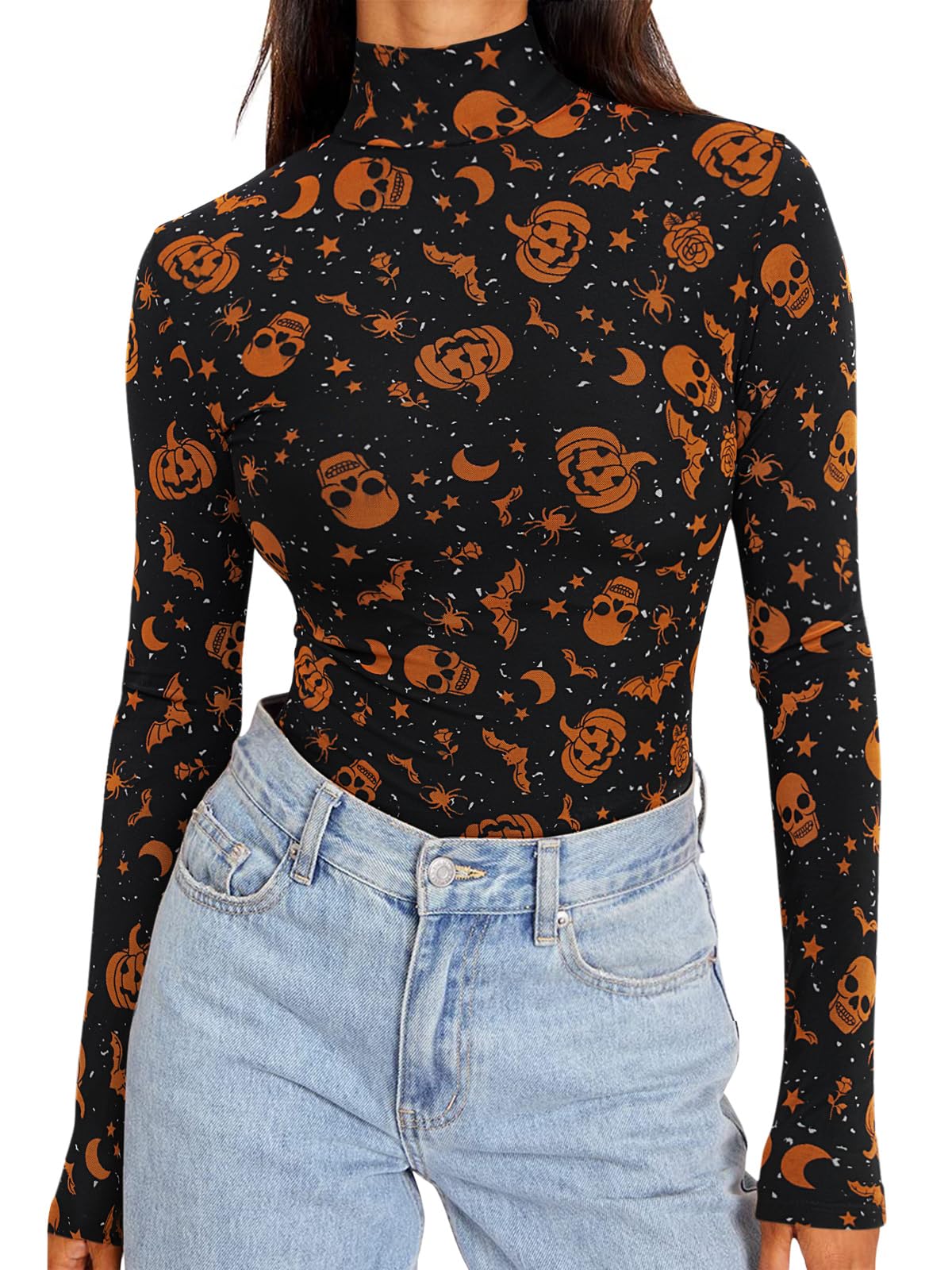 REORIA Halloween Tops for Women Long Sleeve Mock Turtle Neck Shirt Double Lined Layering Slim Thermal Undershirt Winter Clothes(Pumpkin Printed Small)