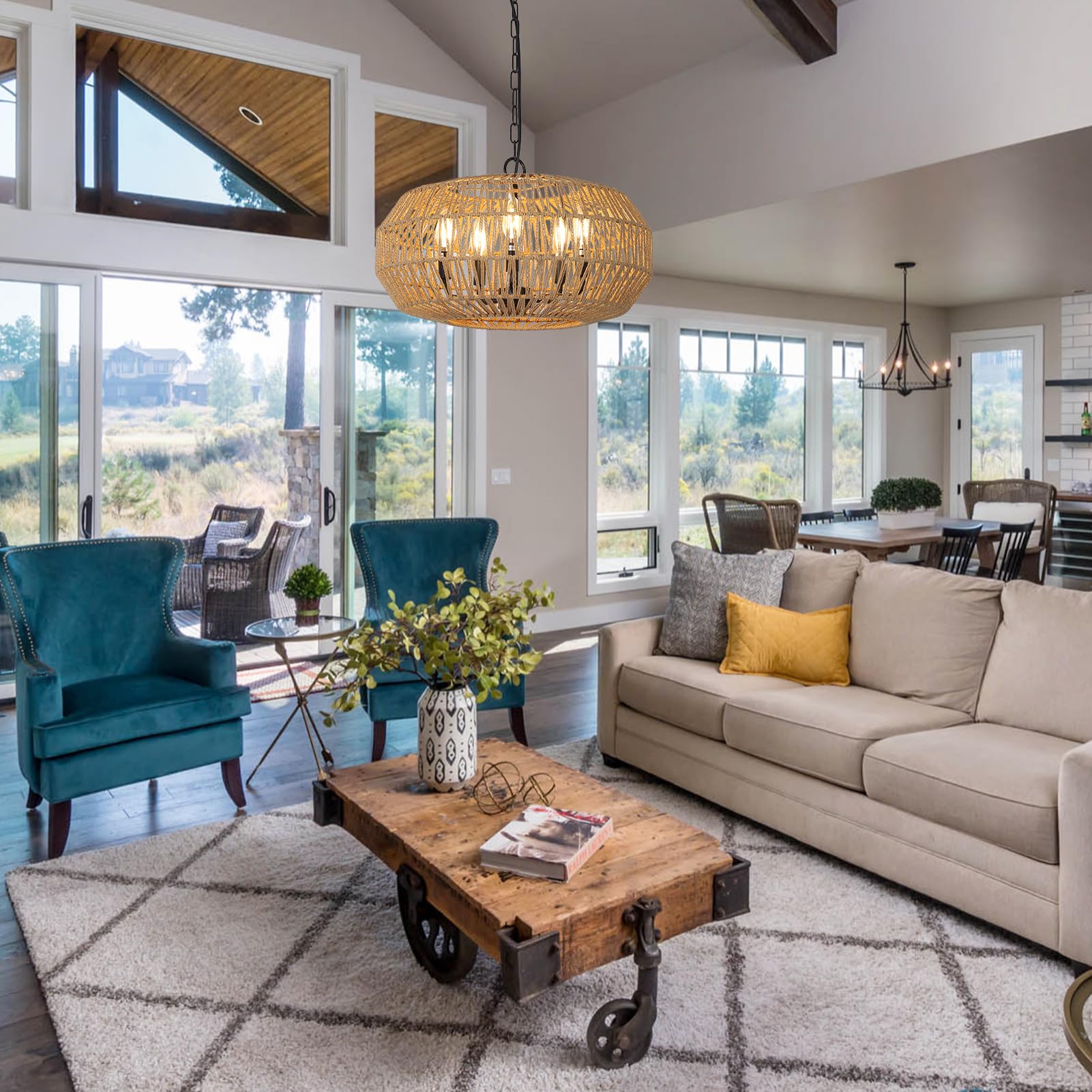 Stepeak Large Farmhouse Chandelier Light Fixtures, 5-Lights Boho Rattan Pendant Lighting with Woven Wicker Shade, Coastal Basket Chandeliers for Dining Room Living Room Kitchen Island Bedroom