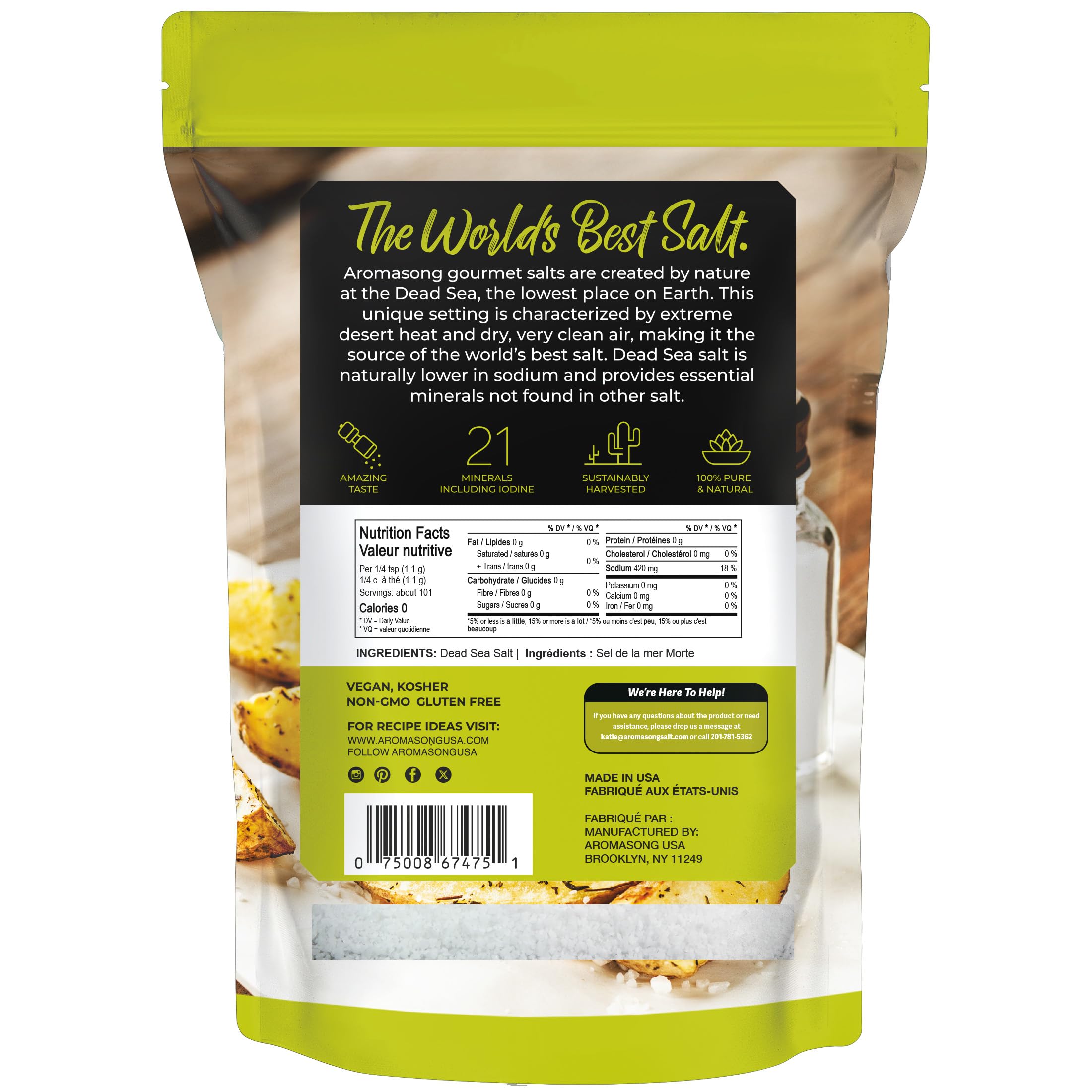 Aromasong 100% Natural Sea Salt From the Dead Sea, Fine Grain Table Salt, Large Bulk 2.43 Lb Resealable Bag, 100% Pure & Natural, Unrefined, Gluten Free, Sea Salt for Daily Cooking