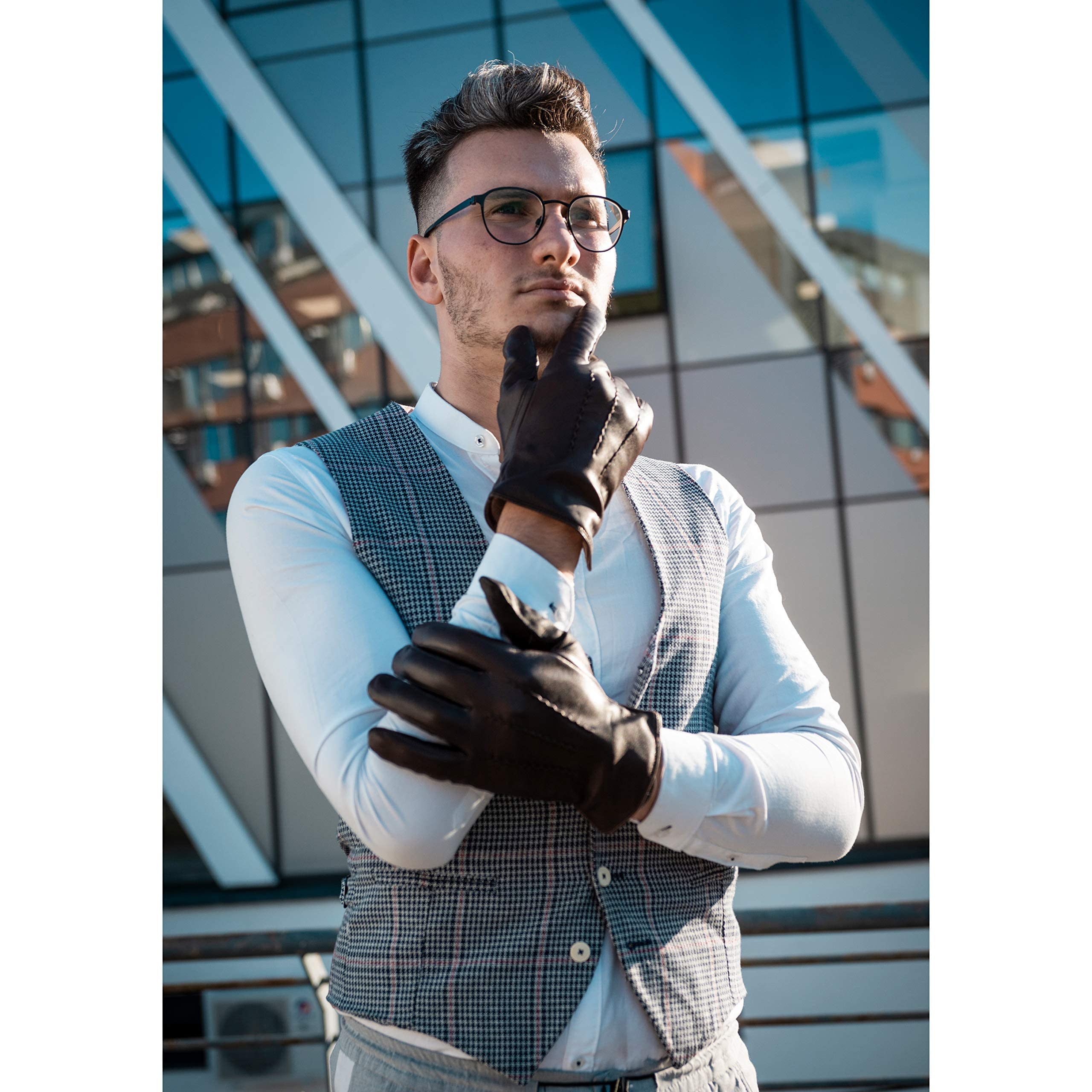 Harssidanzar Leather Gloves for Men, Winter Sheepskin Driving Riding Gloves Cashmere Lined,Black, Size XS