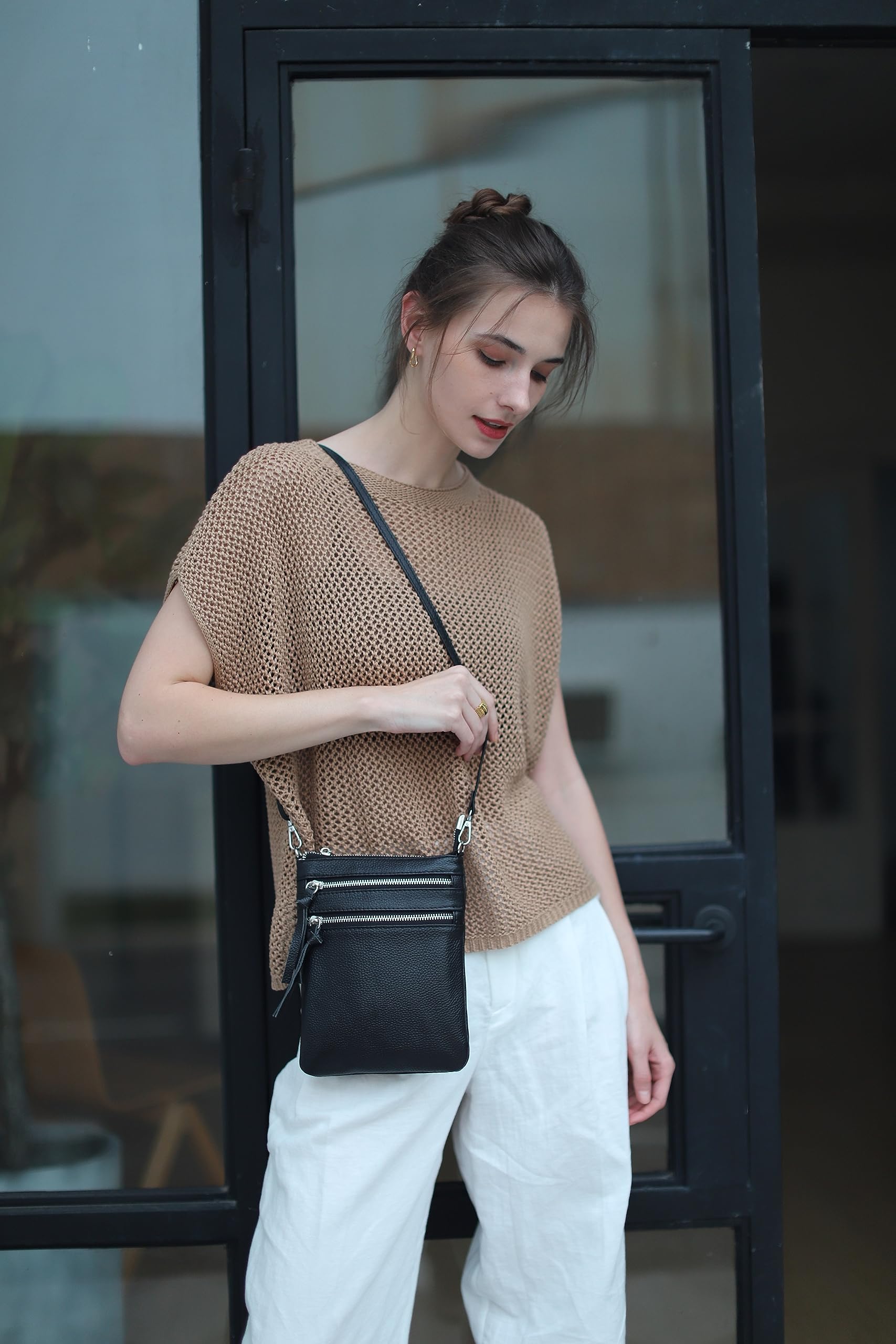 befen Small Black Genuine Leather Crossbody Purses for Women Trendy, Mini Shoulder Cross Body Bags Tripple Zipper Pouch Purse Travel - Fit iPhone 14 Pro Max