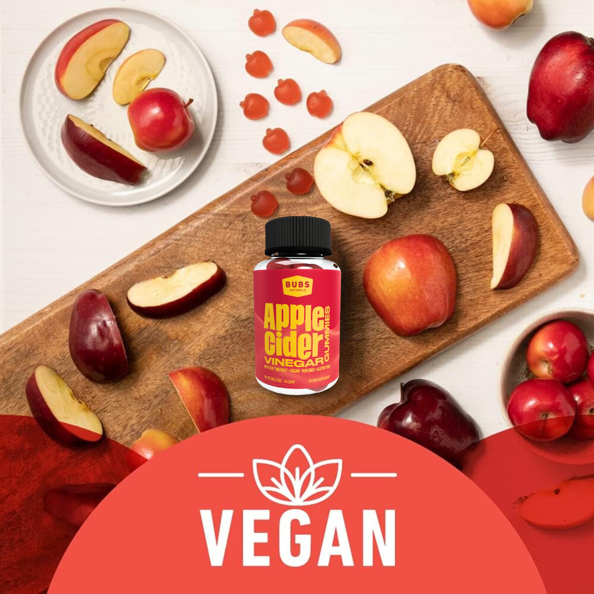 BUBS Naturals Apple Cider Vinegar Gummies - with The Mother - All Natural Vegan ACV Gummy Vitamins - Supports Detox, Digestion - Energy Booster with B Vitamins - 60 Count