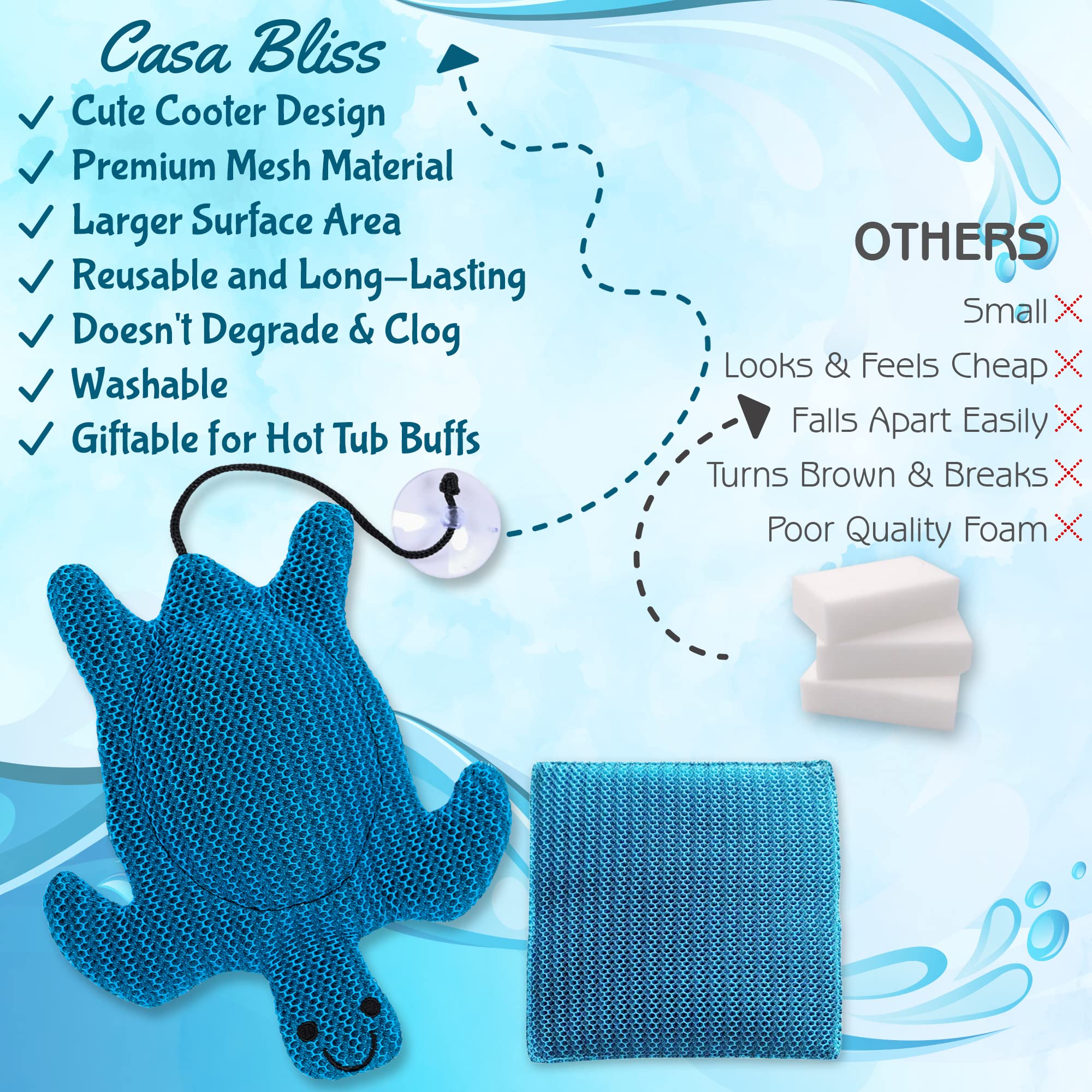 Casa Bliss Hot Tub Scum Absorber for Spa Hot Tub Accessories 2 Pack Turtles. Scum Bug for Hot Tub. Hot Tub Oil Absorbing Sponge. Hot Tub Sponge for Scum Pool Oil Absorber