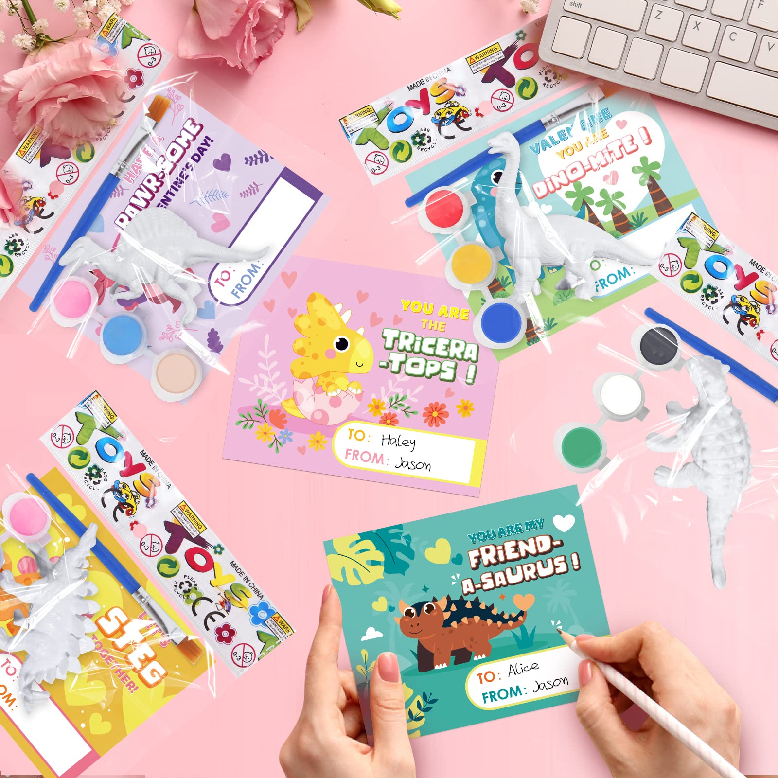 SpringFlower 24 Pack Valentine's Day Cards for Kids with Dinosaur Painting Kit for School Classroom Valentine's Gift Exchange, Valentine's Party Favor for Kids, Valentine's Prizes and Events