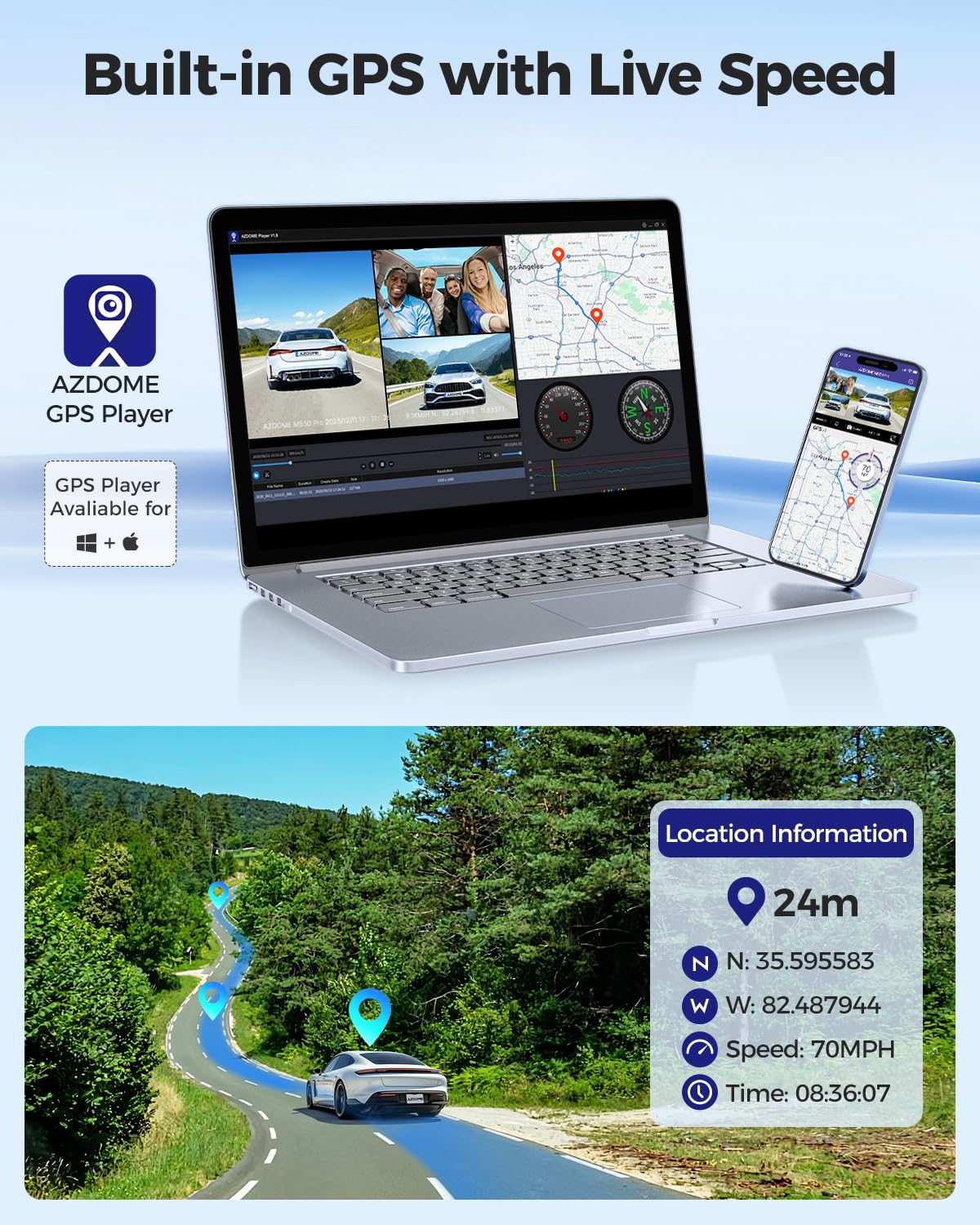 AZDOME M550 Pro 5G WiFi 3 Channel Dash Cam Built-in GPS, 4K+1080P Dual Dash Camera for Cars with 64GB Card, 1440P+1080P+1080P Front and Rear Inside, 3.19" IPS Screen, IR Night Vision, 24H Parking Mode