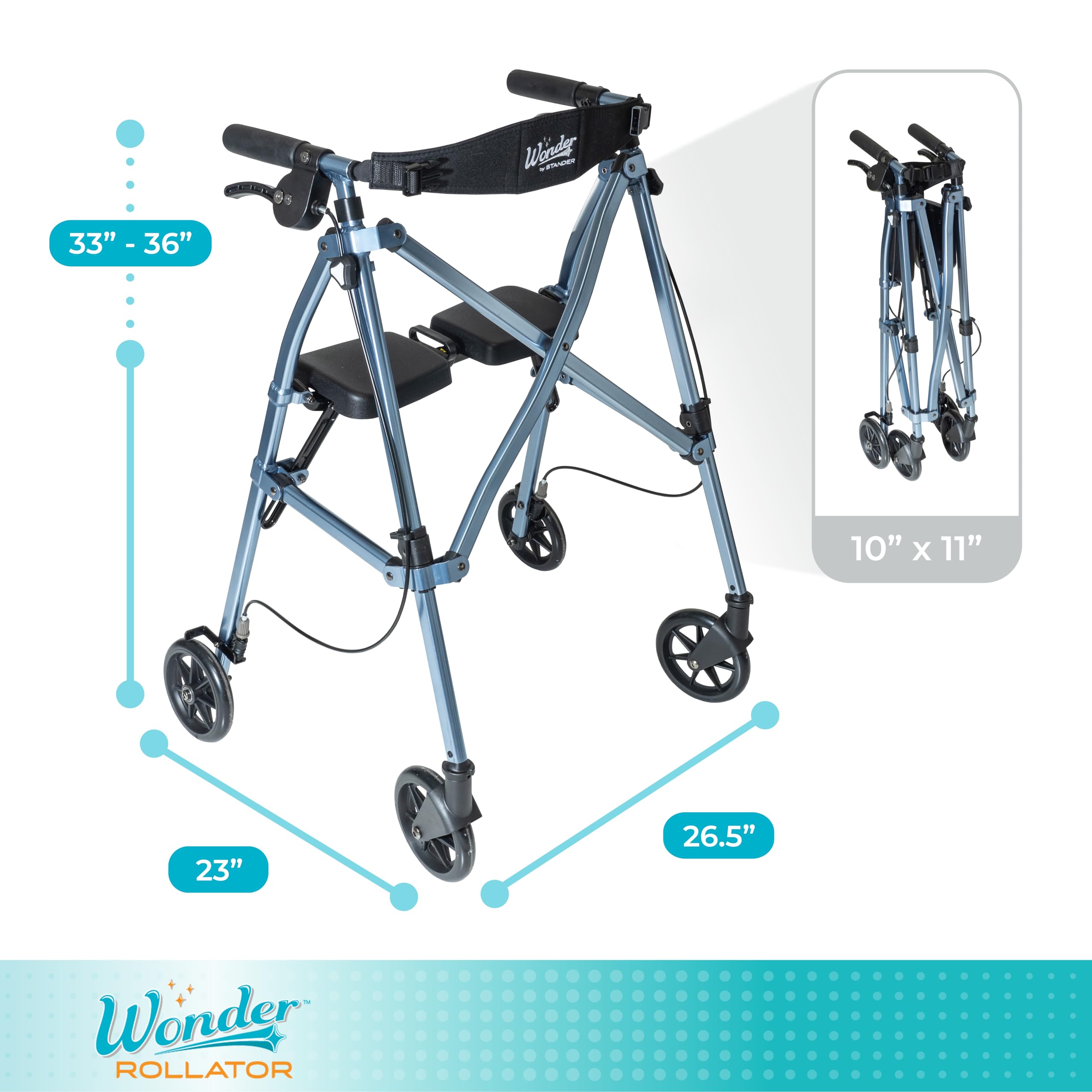 Stander Space Saver Rollator, Lightweight Folding Rolling Walker with Seat for Seniors & Adults, 4-Wheel Mobility Aid with 6-inch Wheels, Locking Brakes & Padded Seat with Backrest, Cobalt Blue