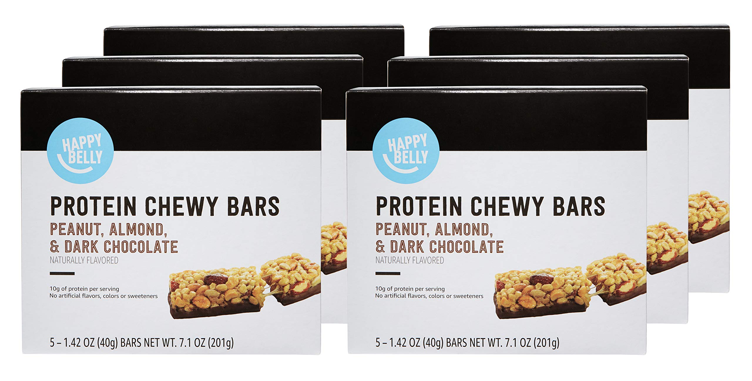 Amazon Brand - Happy Belly Protein Chewy Bars, Peanut, Almond and Dark Chocolate, 5 Count (Pack of 6)