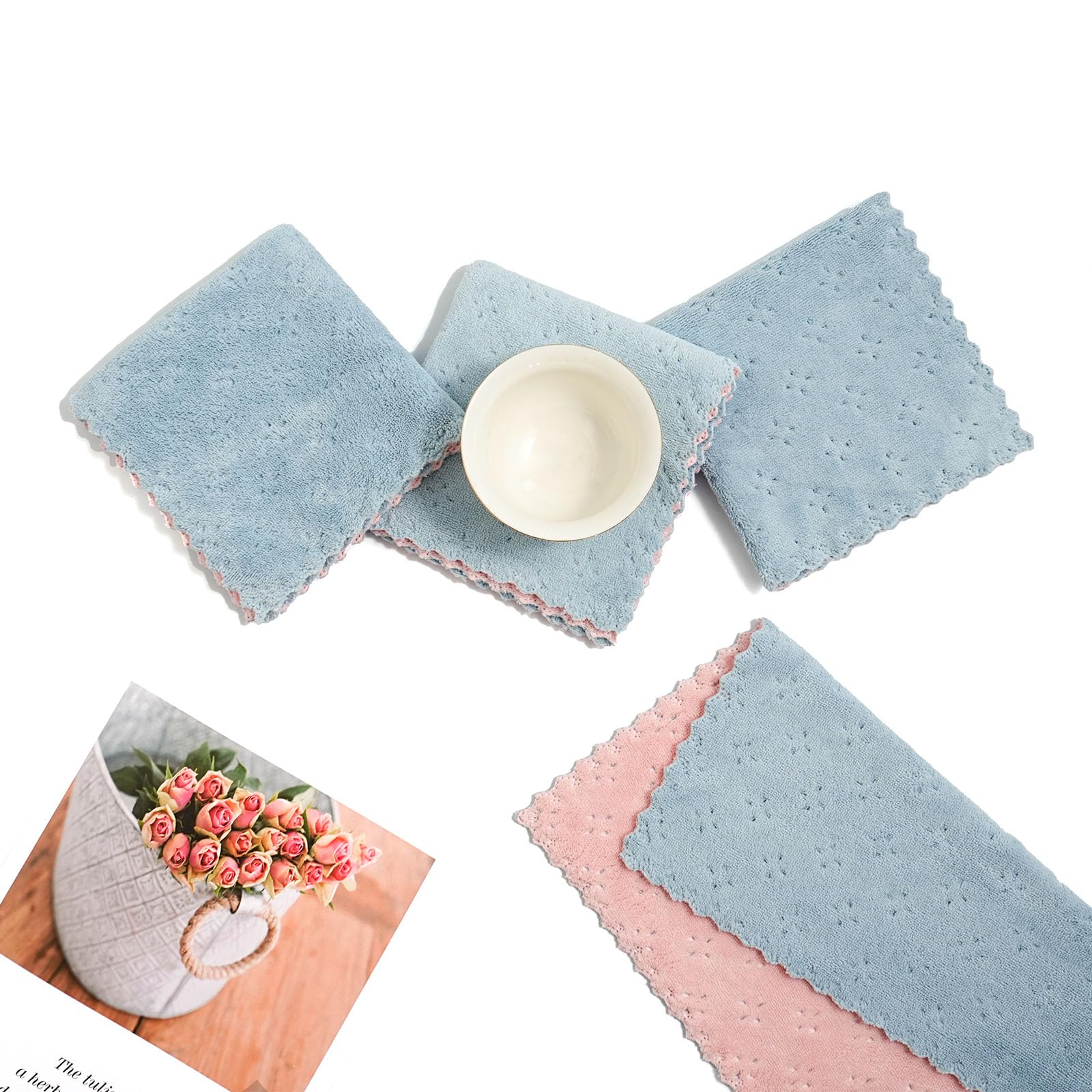 Neessno Kitchen Dish Cloths,Super Absorbent Coral Velvet Dish Towels,Quick Drying Kitchen Towels No Lint Dish Rags,Reusable Household Microfiber Cleaning Cloth,12X12 inches,12 Pack,Sky Blue - Pink