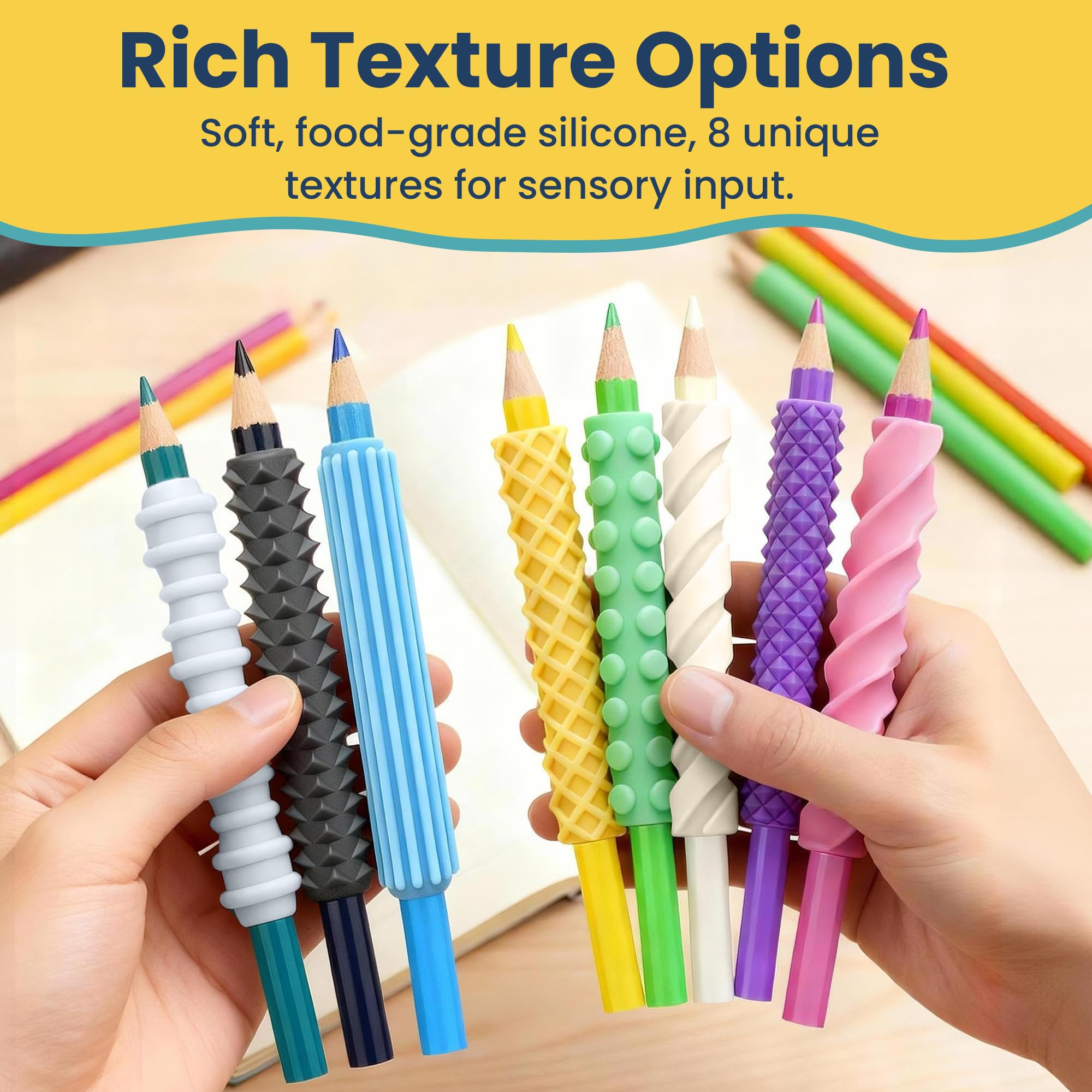 8-Pack Sensory Fidget Pencil Grips for Kids & Adults with ADHD, Autism & Arthritis – Textured Quiet Fidget Toys for Focus, Anxiety Relief & Handwriting Support, Easter Basket Stuffers for Kids