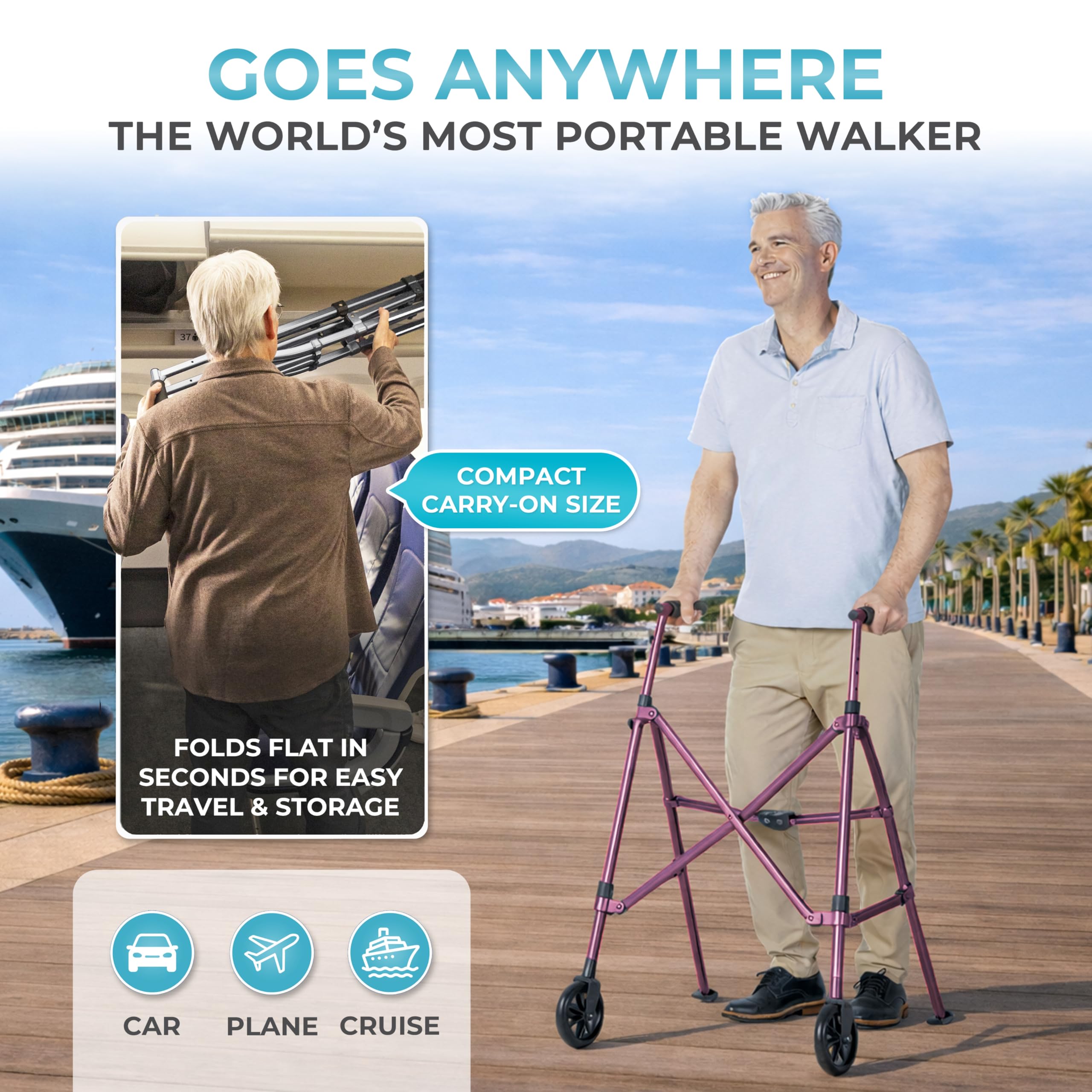 Stander Space Saver Walker, Lightweight Folding Rolling Mobility Aid for Seniors & Adults, Compact 2-Wheel Disability Device with 6-inch Wheels & Ski Glides for Walking Support, Regal Rose