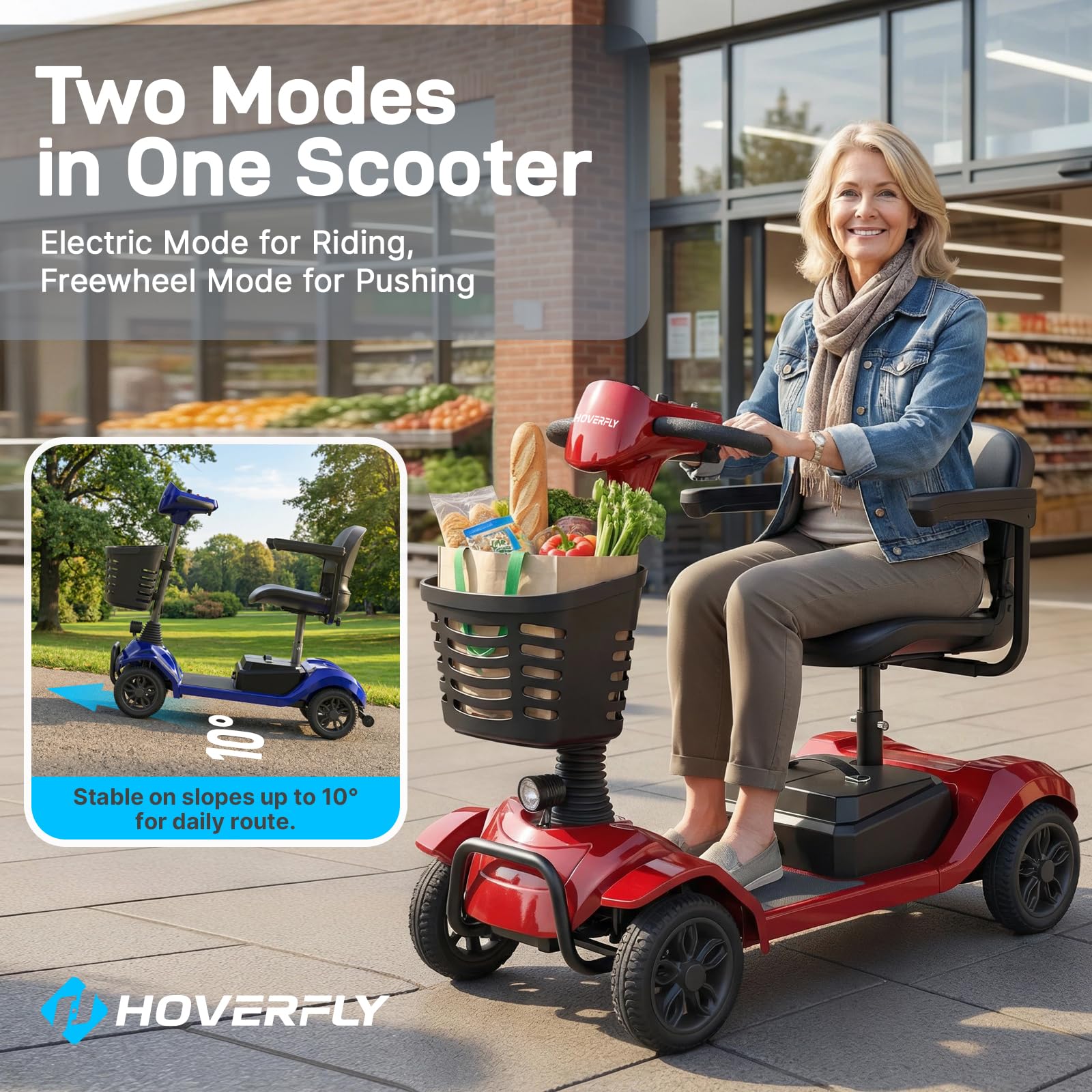 Hoverfly T4 Mobility Scooter for Seniors, Max 12.4-Mile Range & 3.7 mph, 3-Position Seat & Anti-slip Rear Wheel, Removed Battery&Quick Fold Design, Solid 9" Tire &330 lb Capacity, Ease of Assembly Red