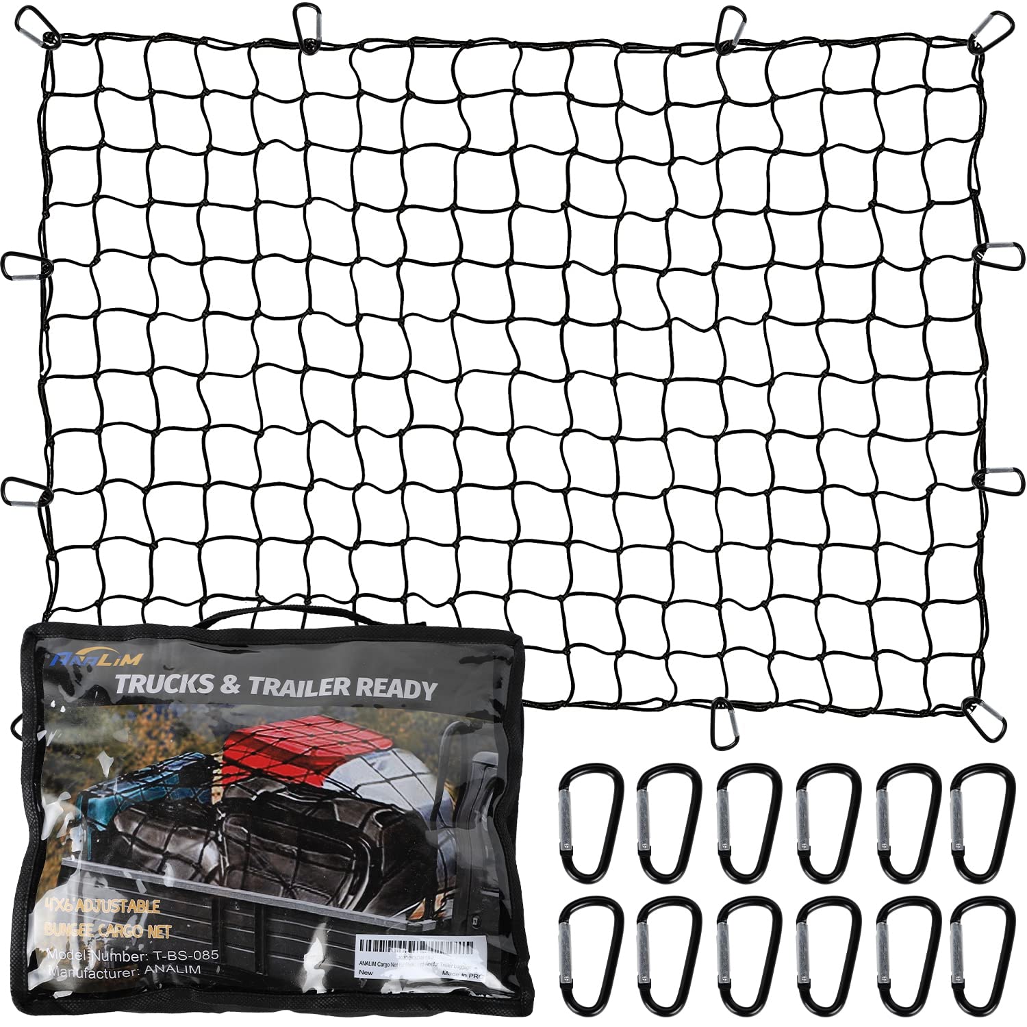 ANALIM Cargo Net for Pickup Truck Bed, 4' x 6' Stretches to 8' x 12' Heavy Duty Bungee Cargo Net with 12 Pcs Metal Carabiner Clips, Tie-Down Mesh Cord Net for Trailer Luggage