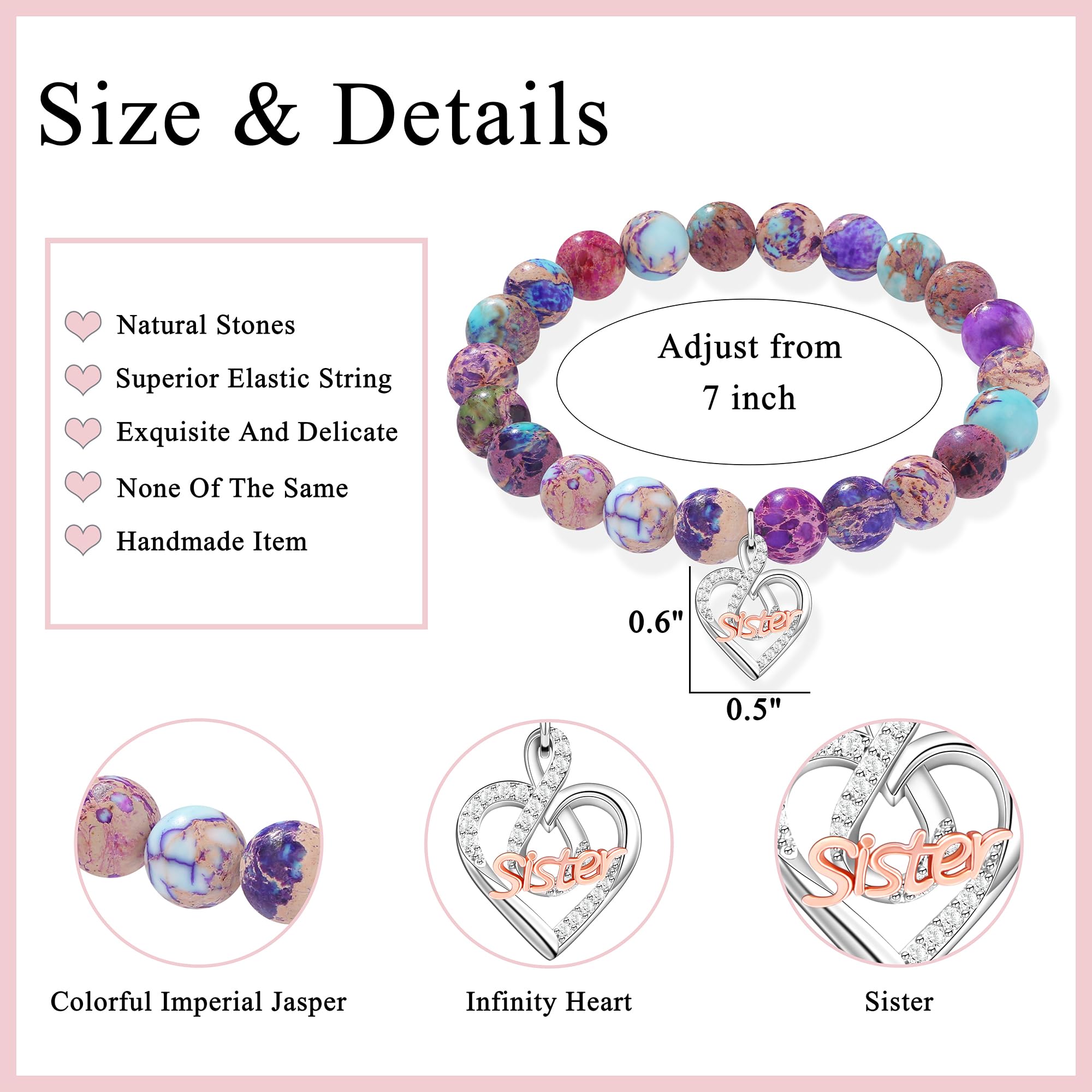 JoycuFF Christmas Birthday Gifts for Sister Bracelet, To My Sisters Gift Gifts from Brother, Christmas Mothers Day Unique Gifts for Sister Colorful Imperial Jasper Natural Stone Bracelets for Women
