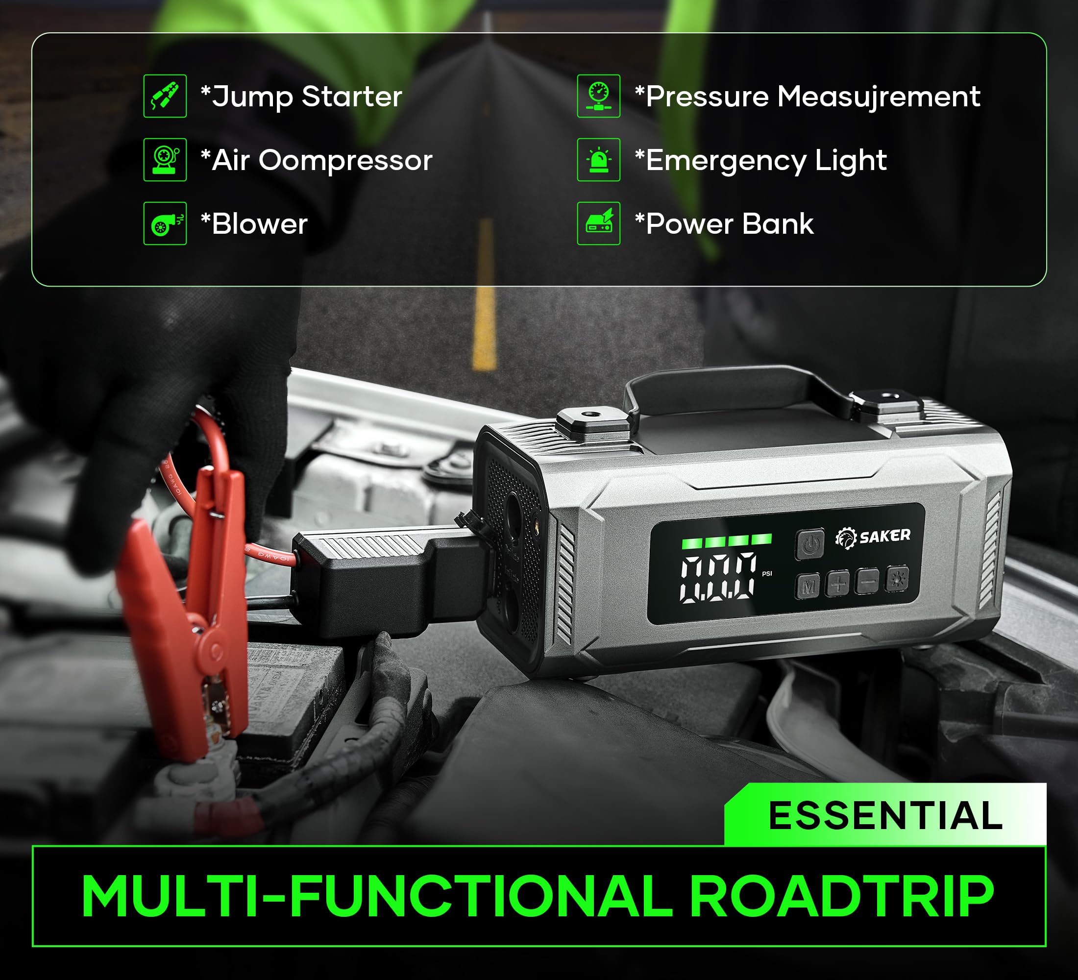 Saker Jump Starters - Tire Inflator Portable Air Compressor|Car Battery Charger|1500A Jump Starter Battery Pack|10400mah Portable 15V Jump Box with LED Light|Automotive Emergency Kits for Vehicles
