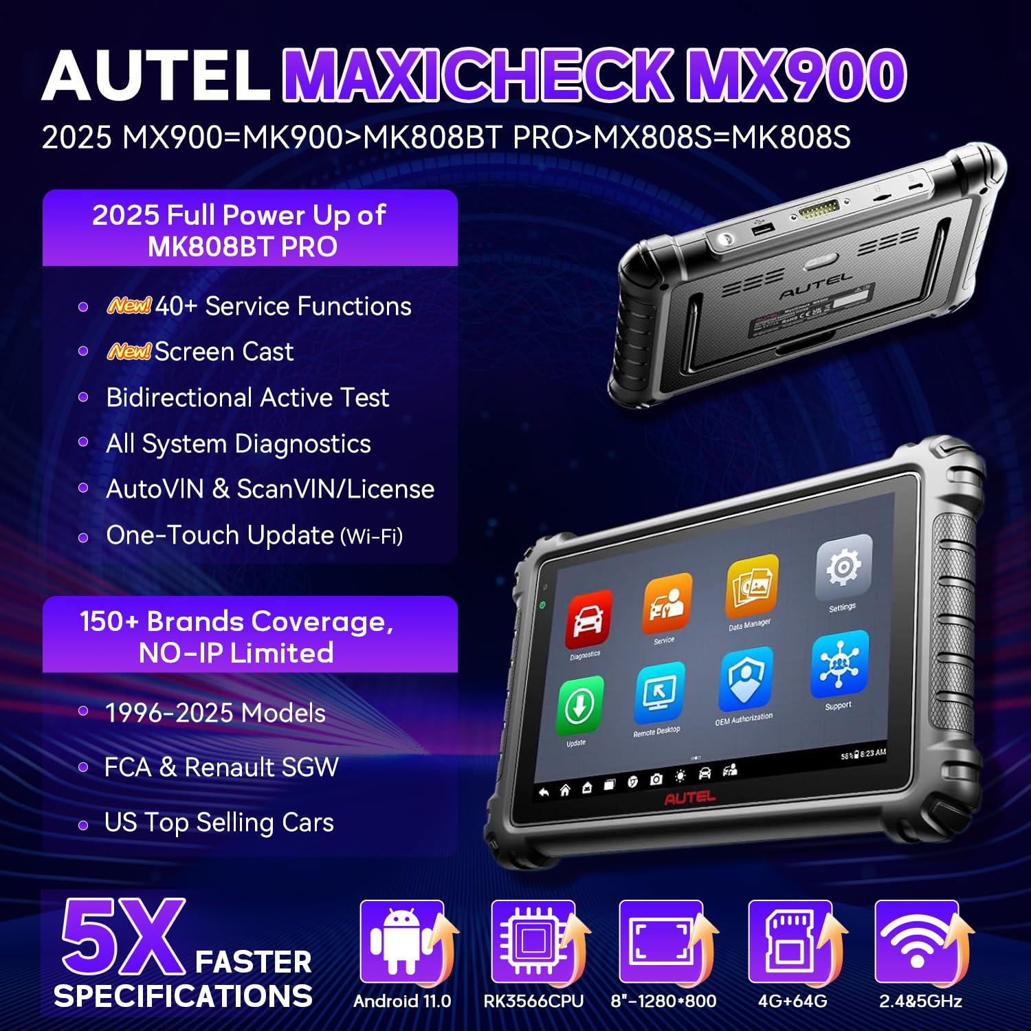 Autel MX900, Autel Scanner, 40+ Function, All System, CAN FD/Do IP, OE All System Scan, No-IP Limited, Upgrade MK808S MK808BT MX808S MK808Z Same as MK900, 3000+ Active Tests