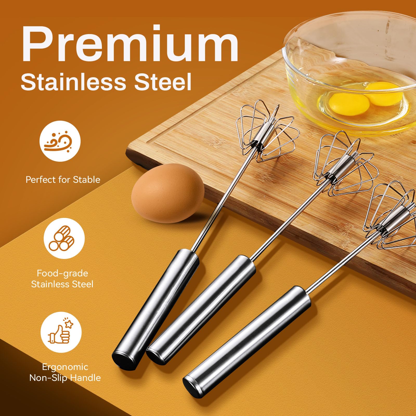 Stainless Steel Semi-Automatic Whisk, 2026 New Stainless Steel Egg Whisk Hand Push Rotary Whisk Blender, Hand Push Mixer Stirrer Tool for Cooking Kitchen Home Egg Milk (10in)