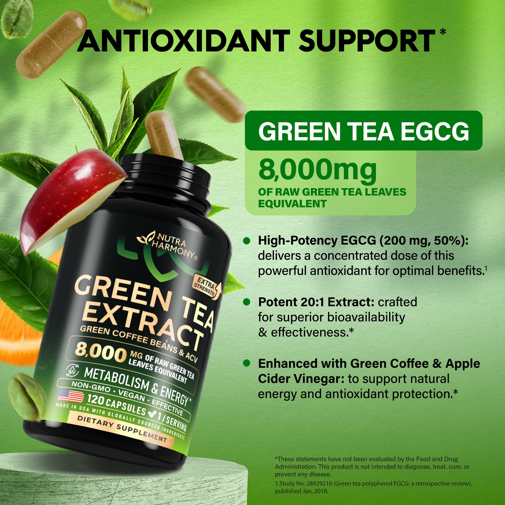 Green Tea Extract - 50% EGCG, Extra Strength 20:1 Extract - Natural Green Tea Supplement + Green Coffee Beans & Apple Cider Vinegar - Energy & Metabolism Support - for Men & Women - Vegan 120 Capsules