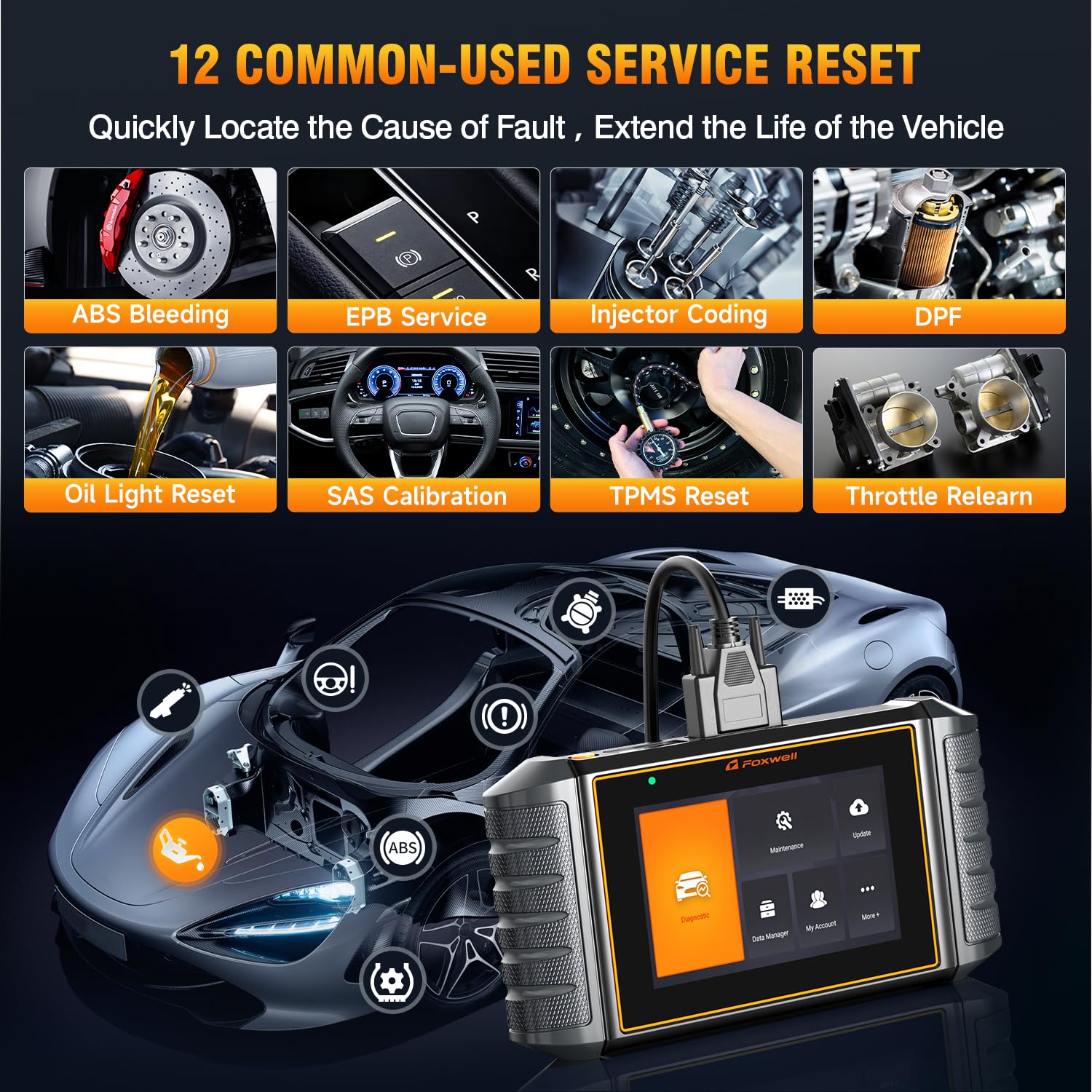 FOXWELL NT726 Bidirectional Full System Scan Tool for All Cars, 12+ Service Resets with Oil EPB TPMS SAS ABS Bleeding Throttle Relearn Injector Coding, Automotive OBD2 Scanner Diagnostic Tool