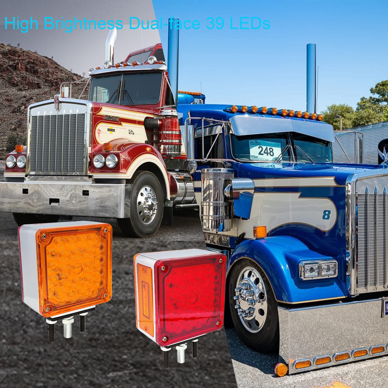 2 PCS Amber/Red Double-Face Pedestal Fender Light with Stud Mount, Square 52 LED Stop Turn Tail Signal Trailer Light for Semi Trucks Peterbilt Kenworth Freightliner Towing Dual-Face Orange Waterproof