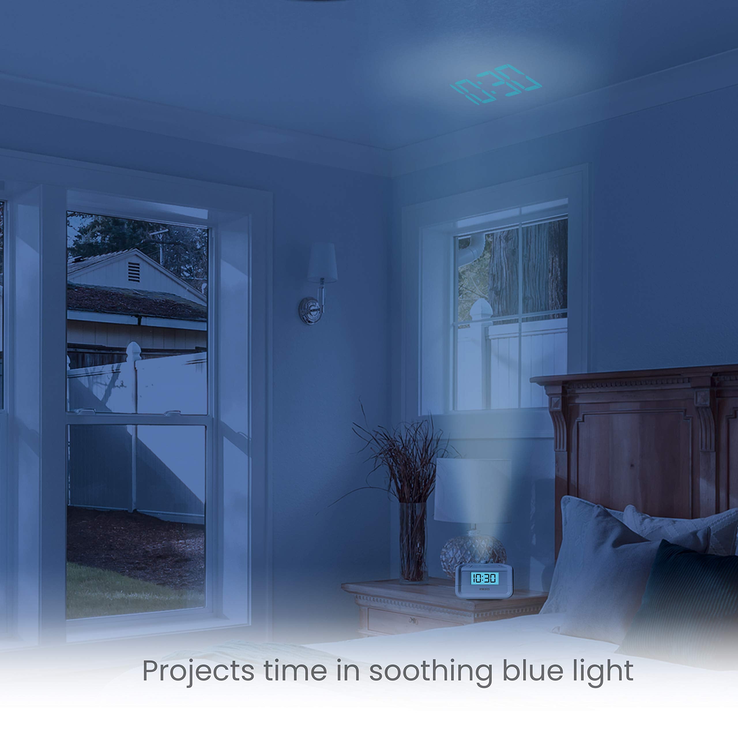 Homedics Dual Alarm Digital FM Clock Radio Time Projection, 8 Relaxing Nature Sounds, LED Display, Multi-Alarm Snooze, Sleep Timer, Nightlight, Ceiling Clock SoundSpa, White