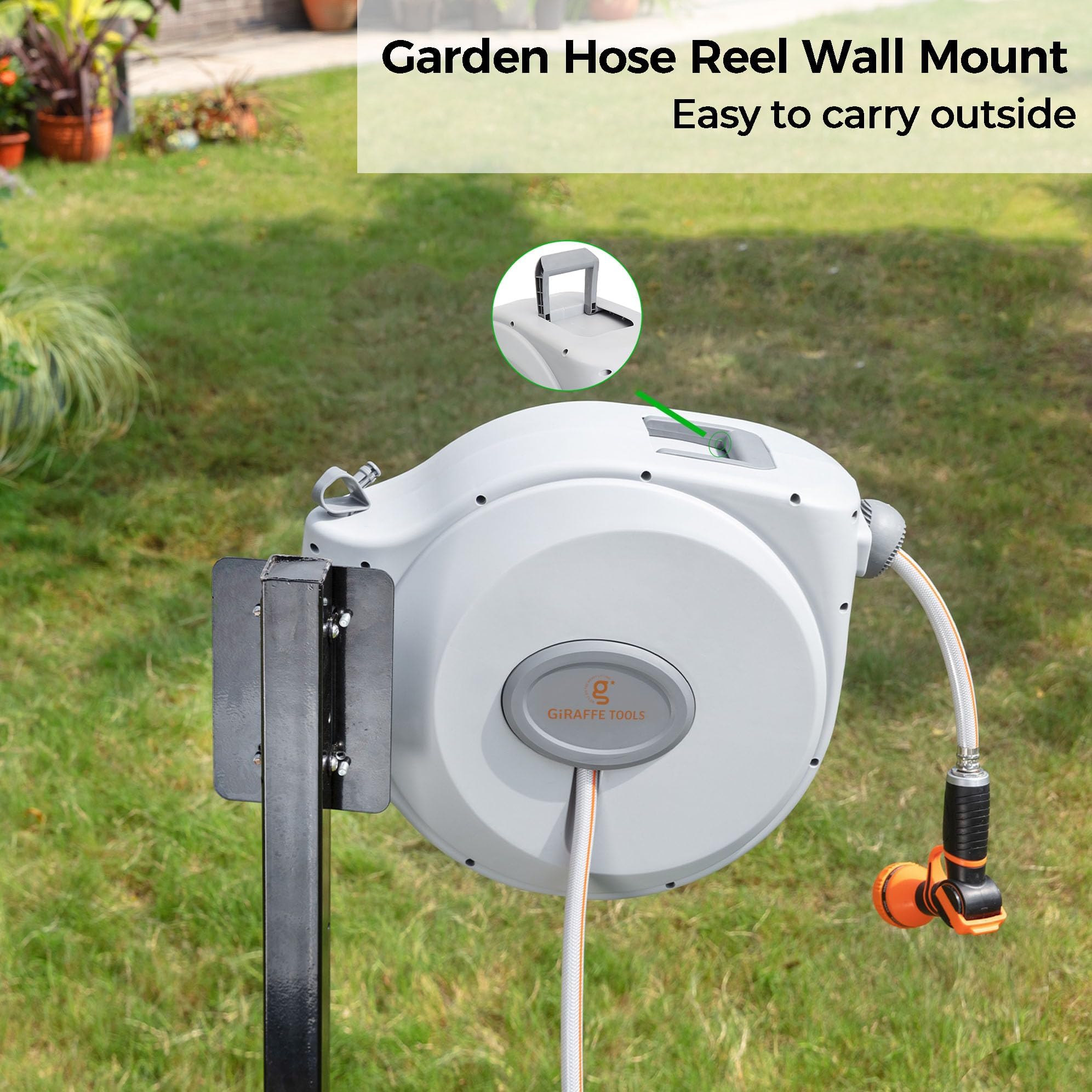 Giraffe Tools CW20 Retractable Garden Hose Reel 5/8" x 65 ft Heavy Duty Water Hose Reel, Swivel Bracket, Any Length Lock, 65ft, Light Grey