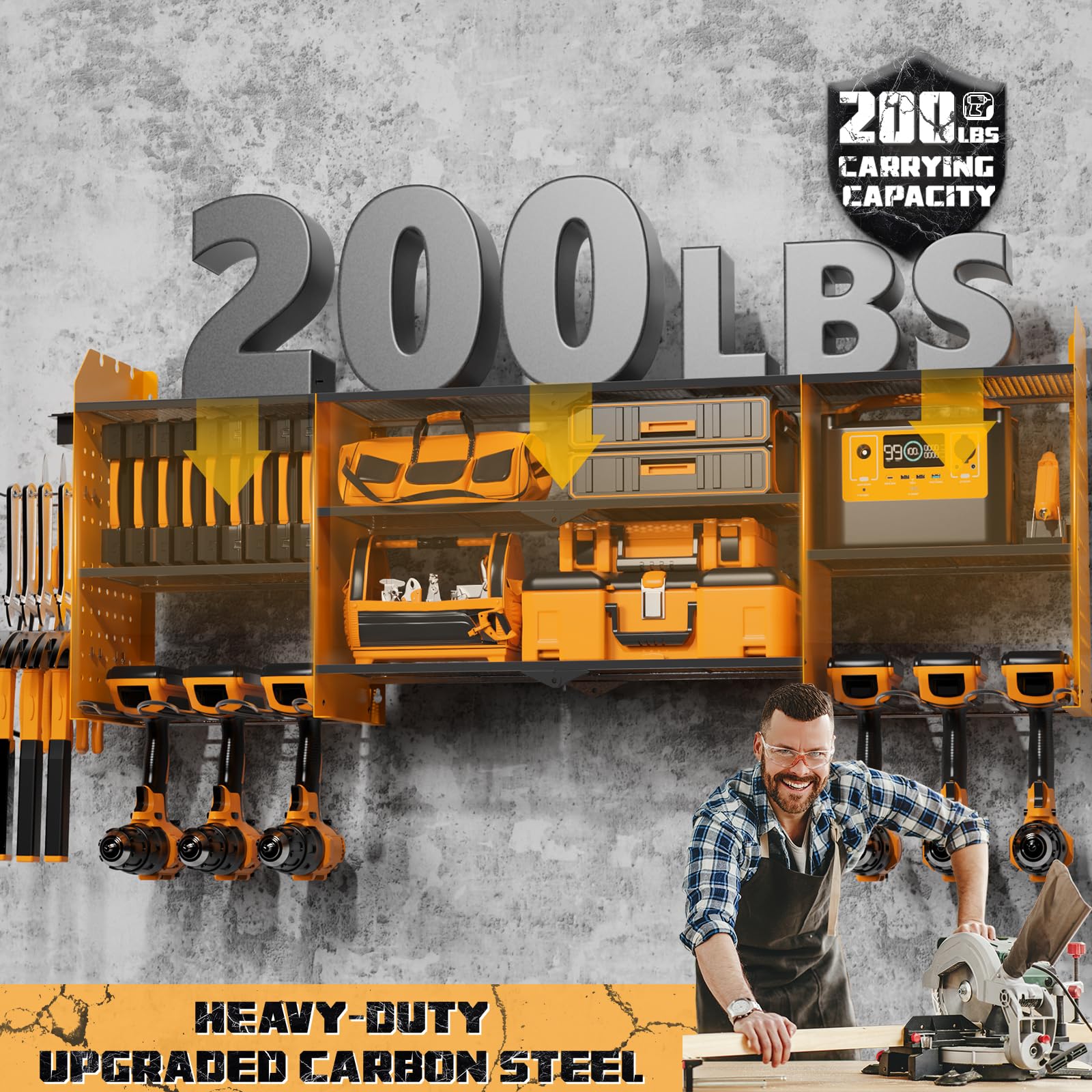 Xankzi Power Tool Organizer with Charging Station, 45.5" Garage Organization Wall Mounted, 3 Layers Electric Cordless Drill Holder with Outlet Power Strips, Garage Tool Storage for Impact Wrenches