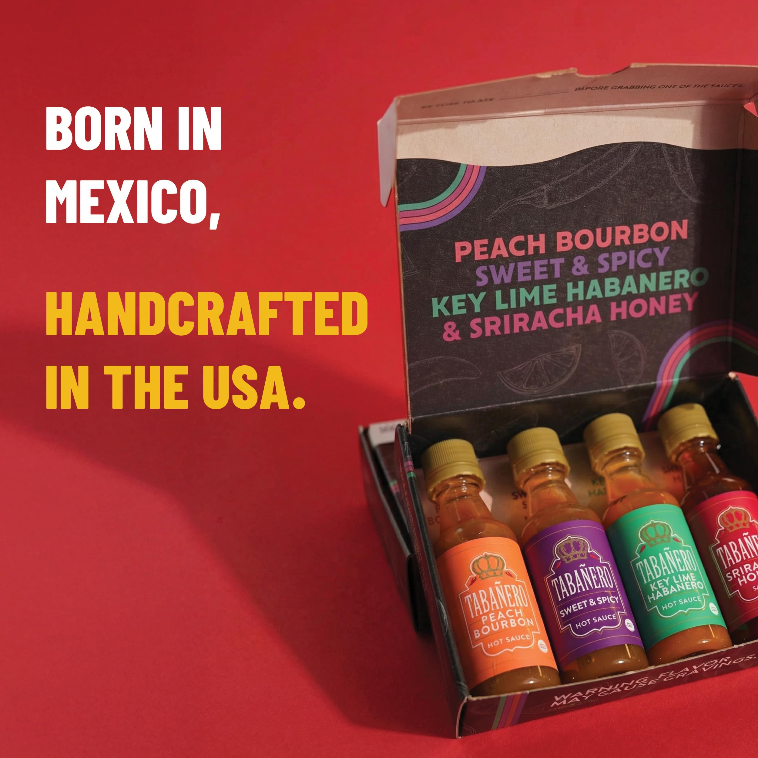 Tabañero Variety Hot Sauce Gift Set, 4 Pack, Kit Includes Peach Bourbon, Sriracha Honey, Key Lime Habanero, Sweet & Spicy, 1.7 oz Mini Glass Bottles, All Natural, Gluten Free, Low Sodium, Kosher, Made in the USA, Easter Gifts for Men