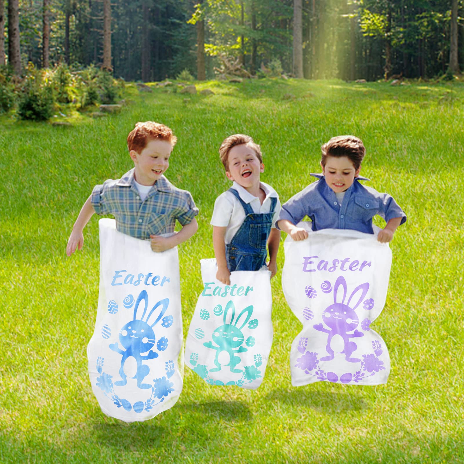 4 Players Easter Outdoor Party Games for Kids and Family - Potato Sack Race Jumping Bags, Legged Relay Race Bands, Egg and Spoon Race and Inflatable Bunny Ring Toss Games - Easter Party Supplies