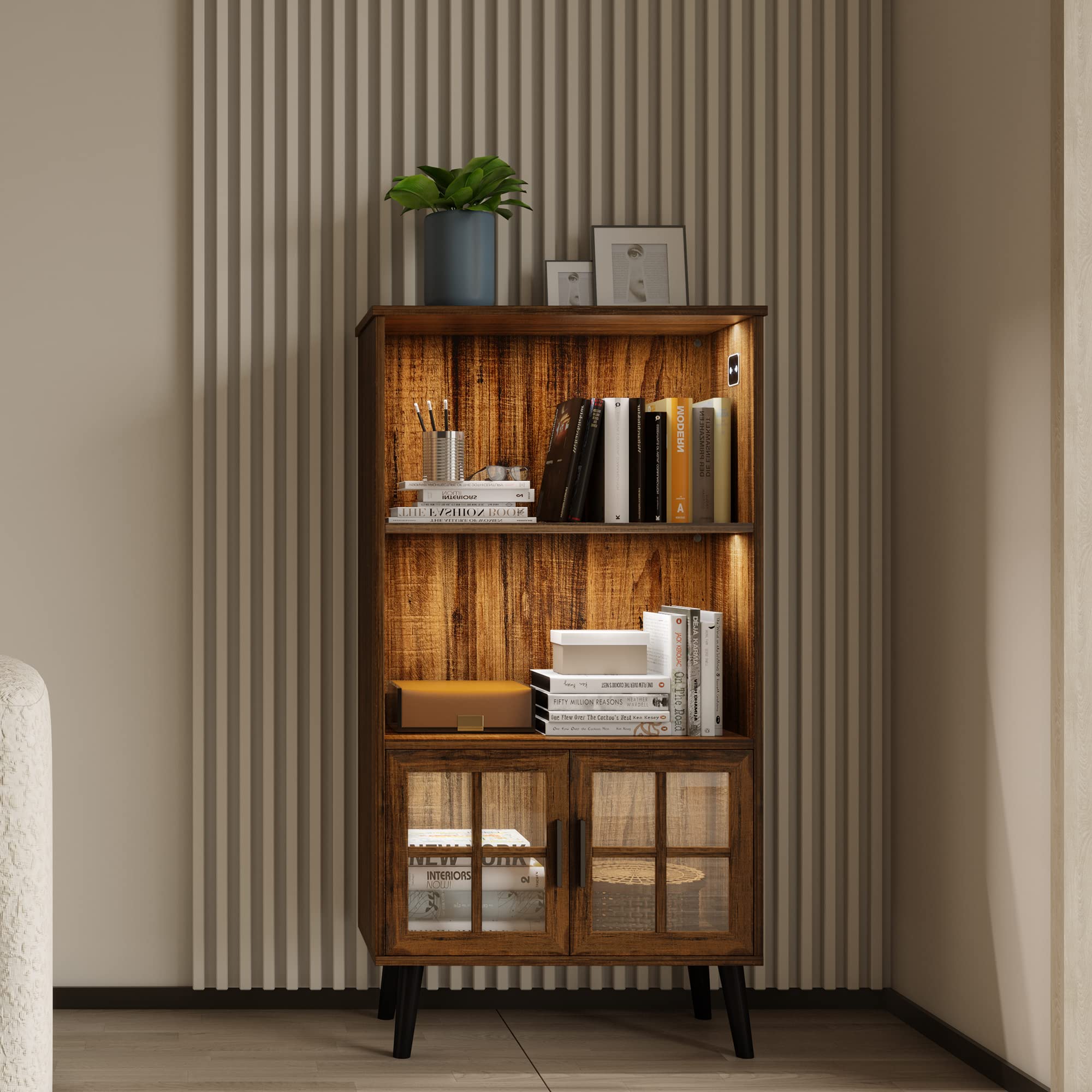LVSOMT 3 Shelf Bookcase with LED Lights,Book Case with 2 Open Shelves, Storage Cabinet with Door, Human Body Induction Mode, Modern Wood Bookshelf for Bedroom/Living Room/Office, Brown
