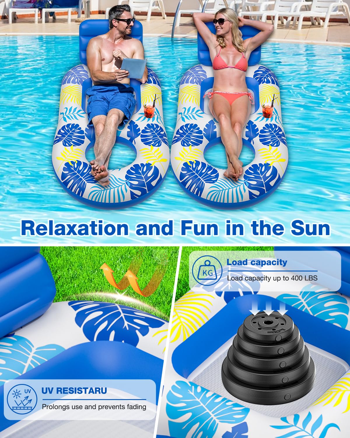 Inflatable Pool Float Adult, YSJILIDE Pool Floats Adult Heavy Duty Pool Lounger Float with Adjustable Backrest/Cup Holders, for Water Floaty Lake Lounge Tanning Floats Beach Party