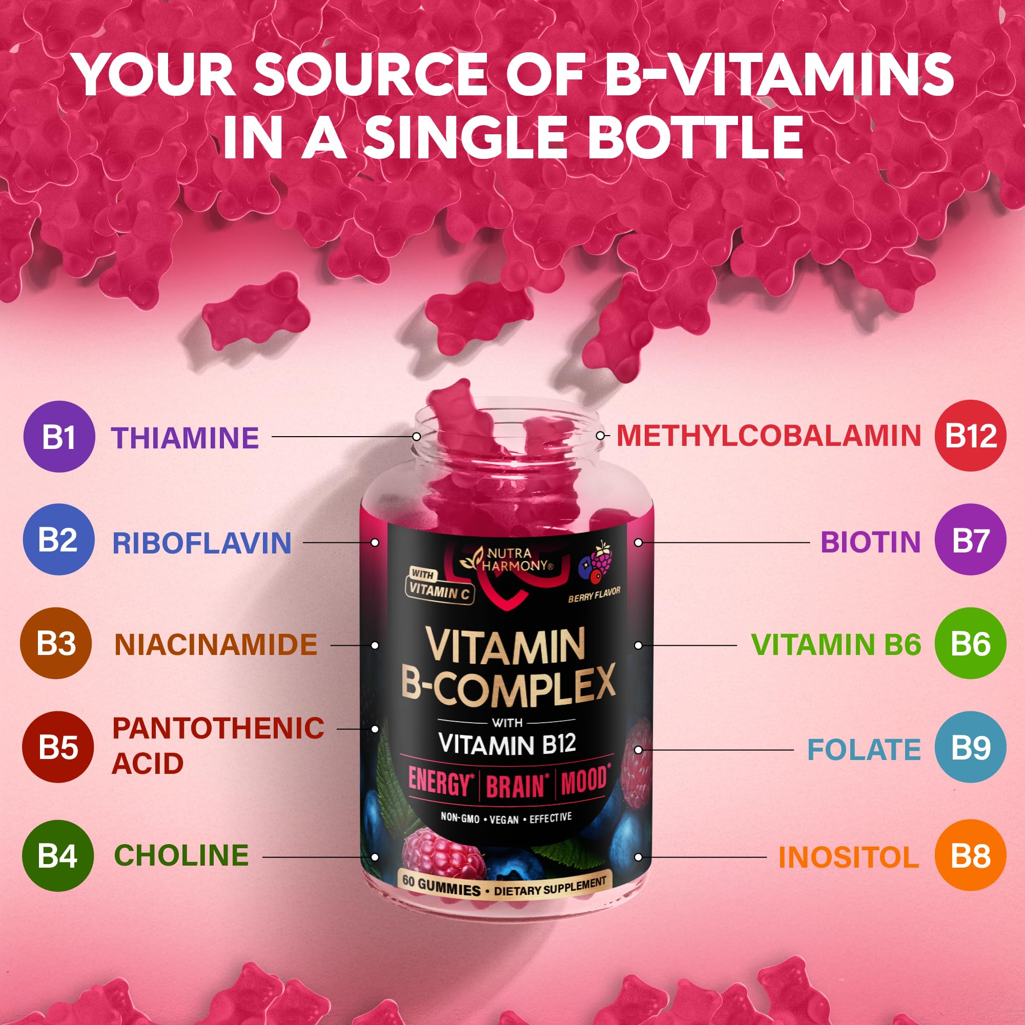 Vitamin B-Complex Gummies for Women & Men - Vitamin B12, B1, B2, B3, B5, B6, B7 & B9 - B Complex with Vitamin C & Choline - Energy, Brain & Mood - Natural Berry Flavor, Vegan - 60 Gummies for 2 Months