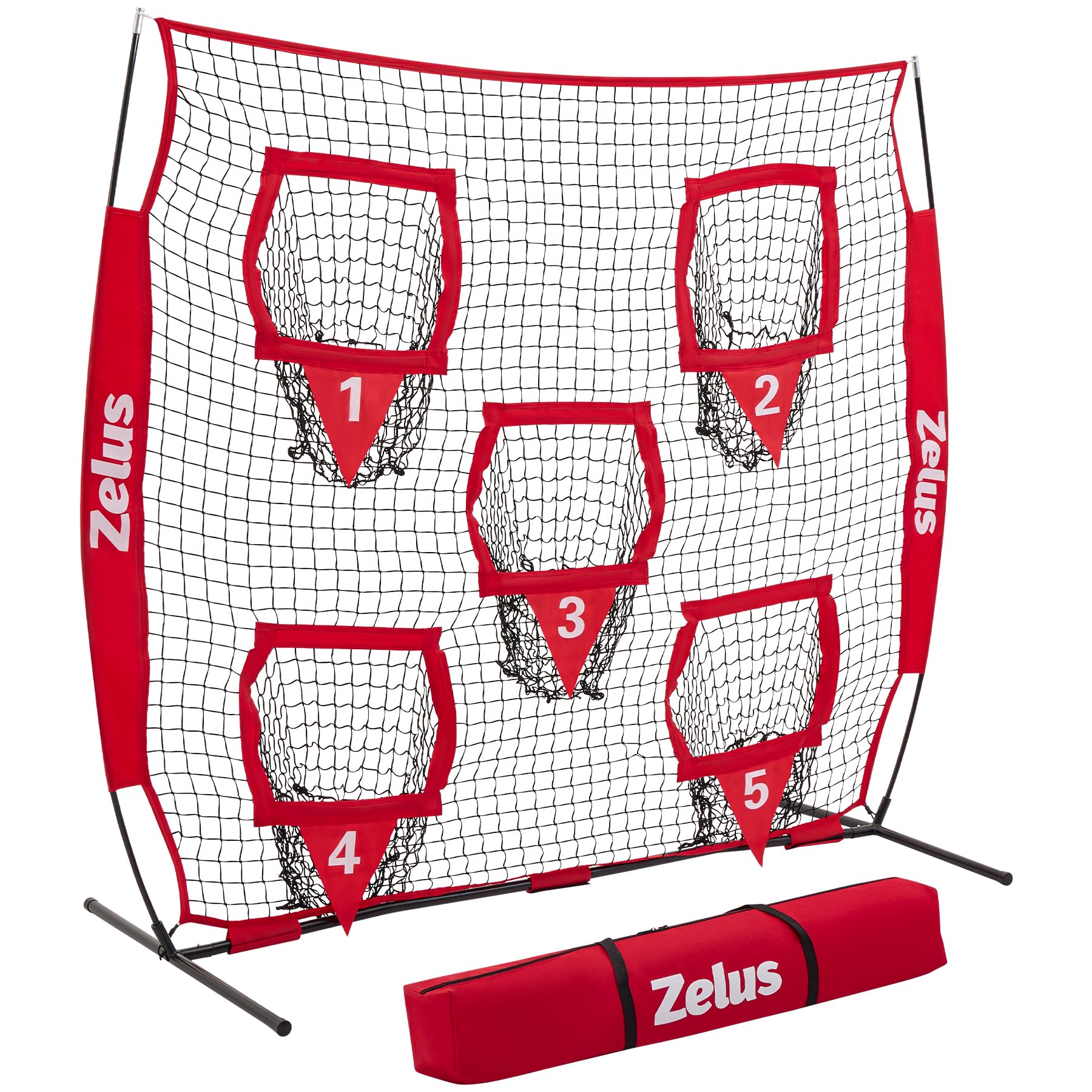 ZELUS 6 x 6ft Football Throwing Net, Quarterback Training Equipment with 5 Target Pockets, Football Practice Throwing Passing Accuracy Trainer with Carry Bag Ground Stakes for Kids Adults, Red